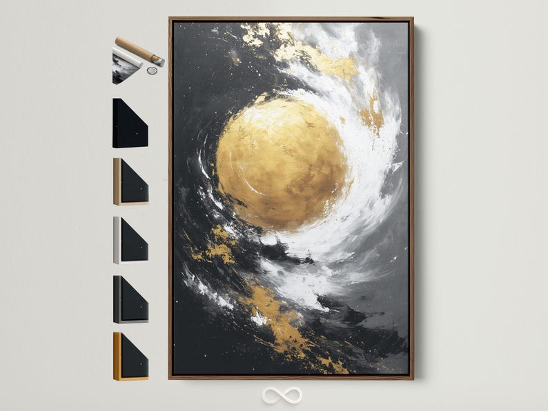 Abstract gold circle with white swirling arcs on a dark charcoal background