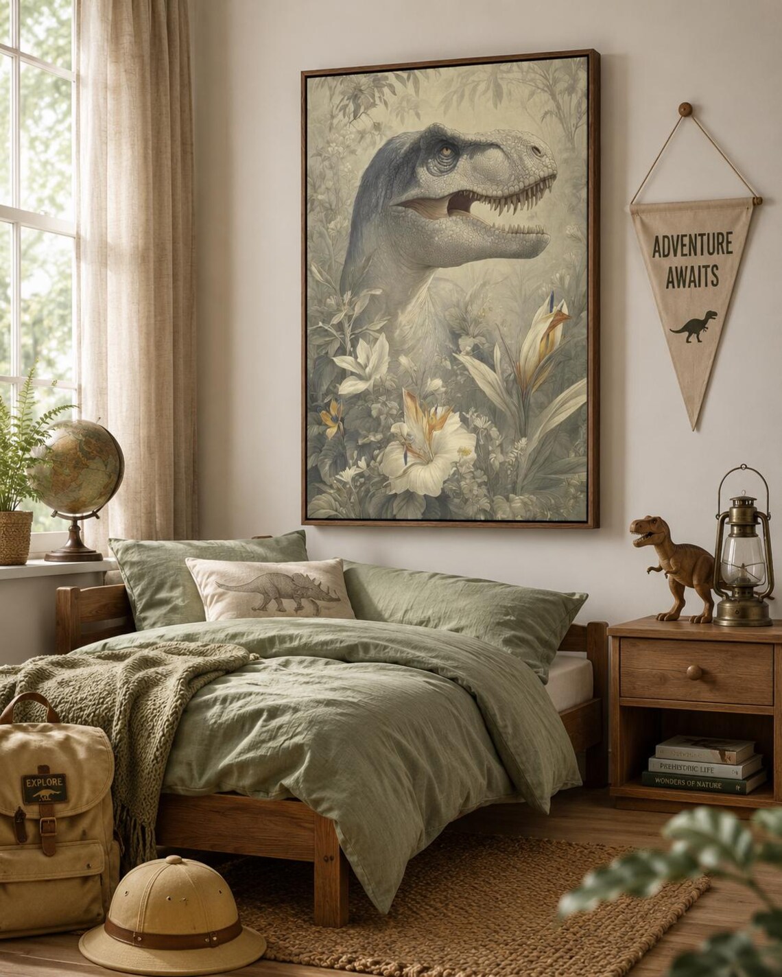 Woman standing in a room next to a framed dinosaur and botanical illustration on the wall