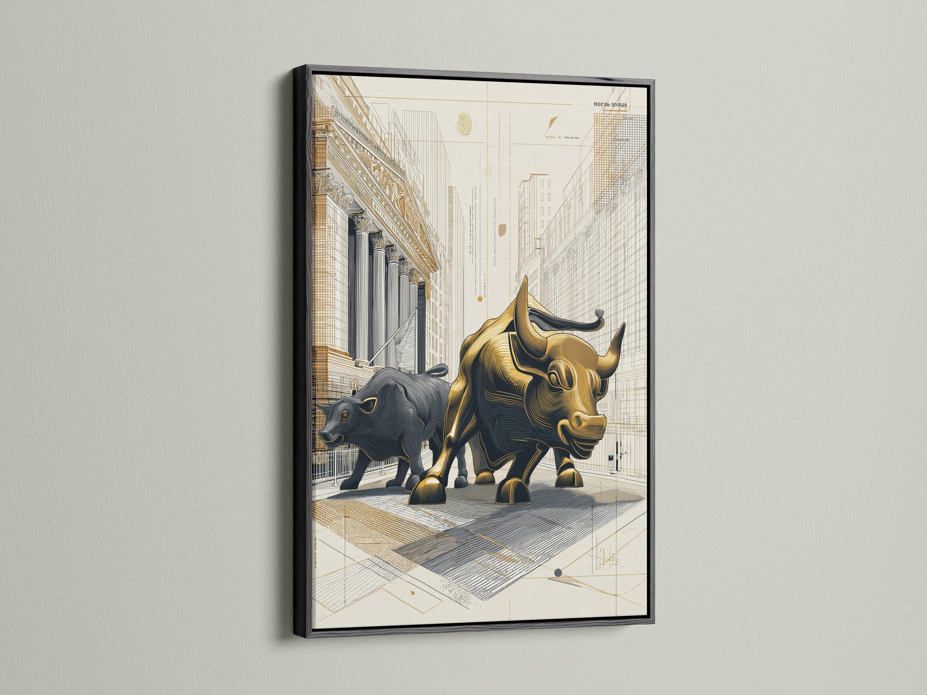 Gold bull and dark bear face-off in an architectural grid city drawing with beige background detail view