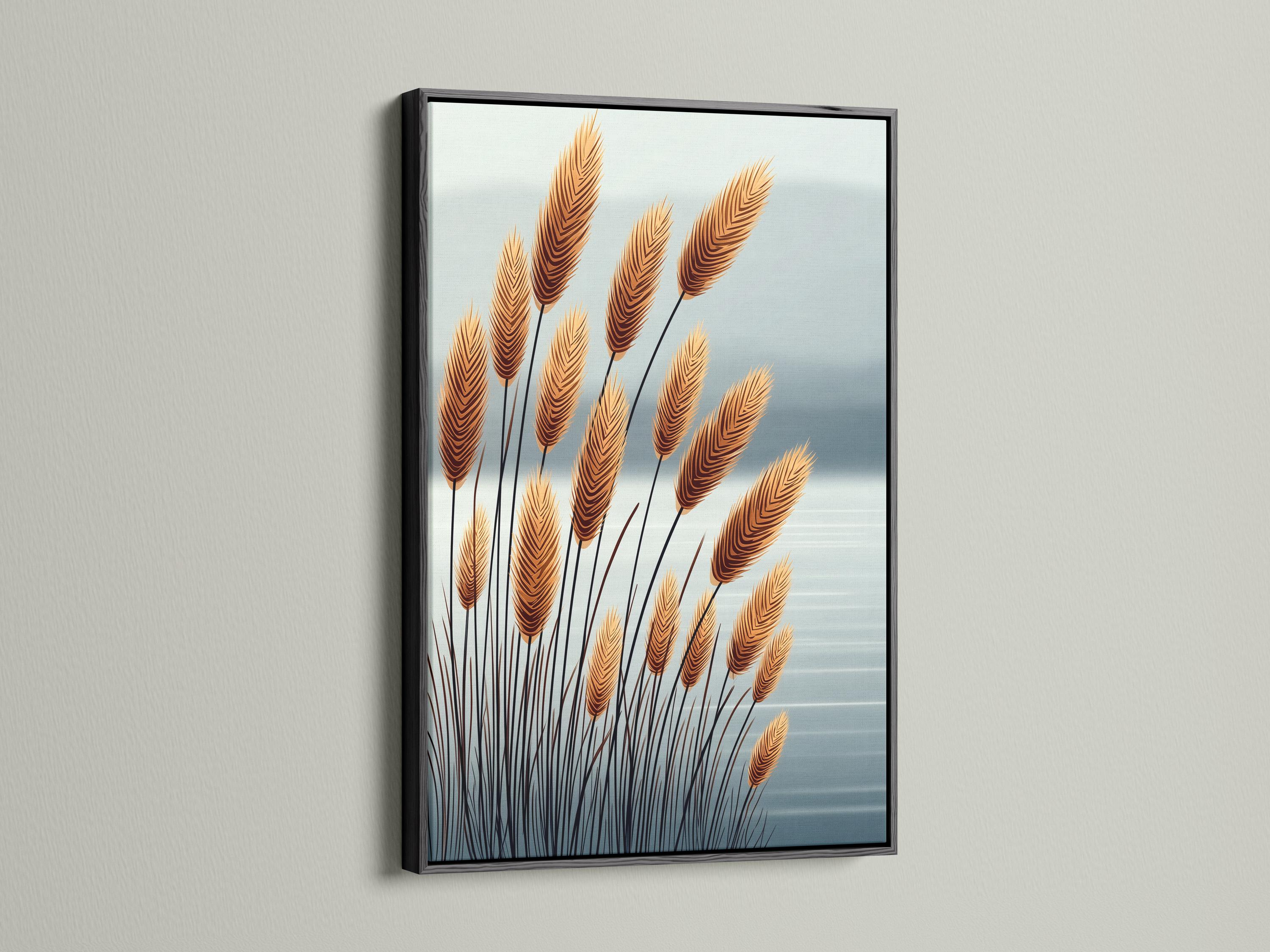 A decorative scene of tall golden wheat plumes with dark stems rises against a pale blue sky-like background with soft horizon shading detail view