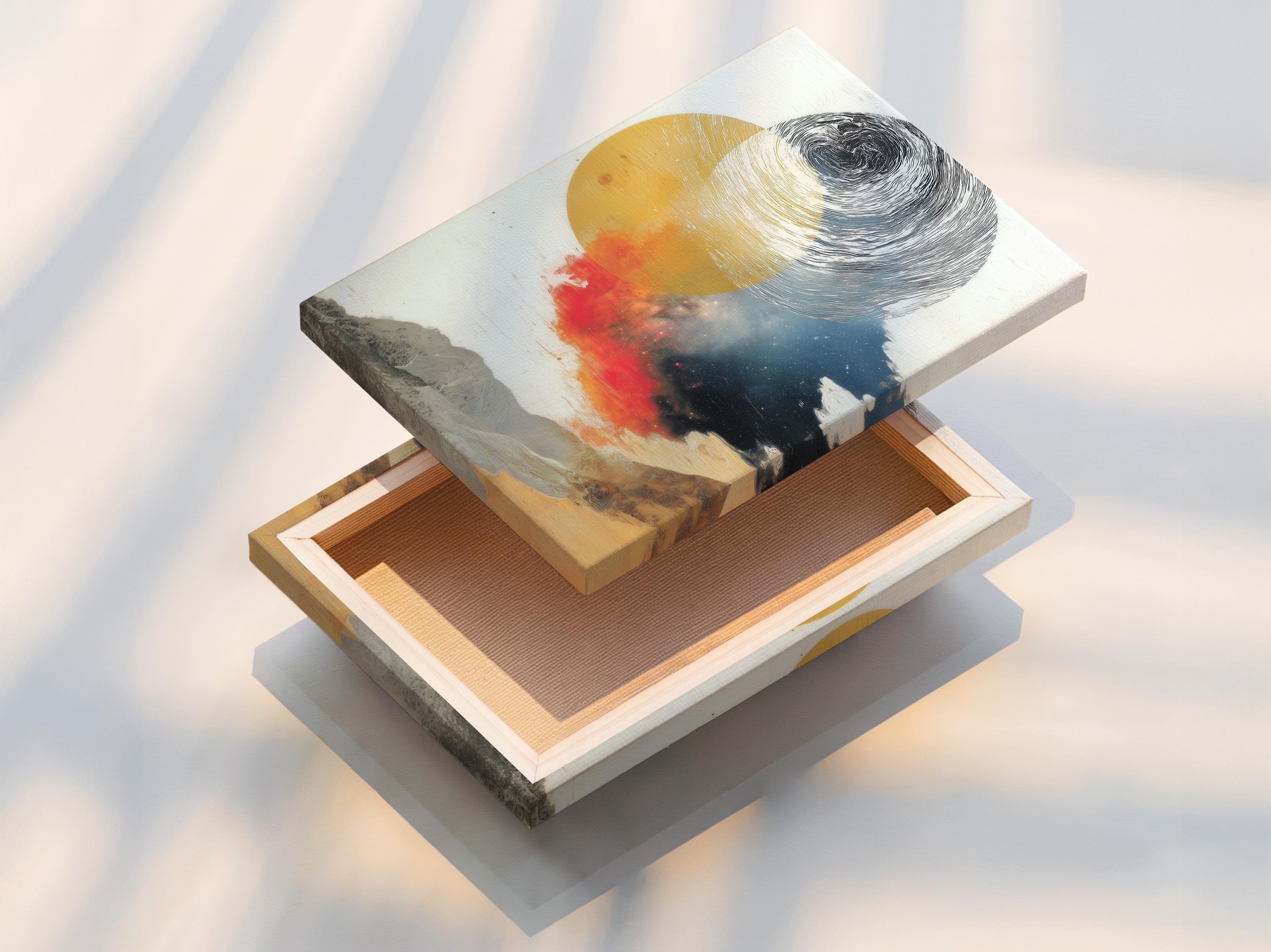 Ochre, grey and blue abstract landscape with swirling wave linework and overlapping circles detail view