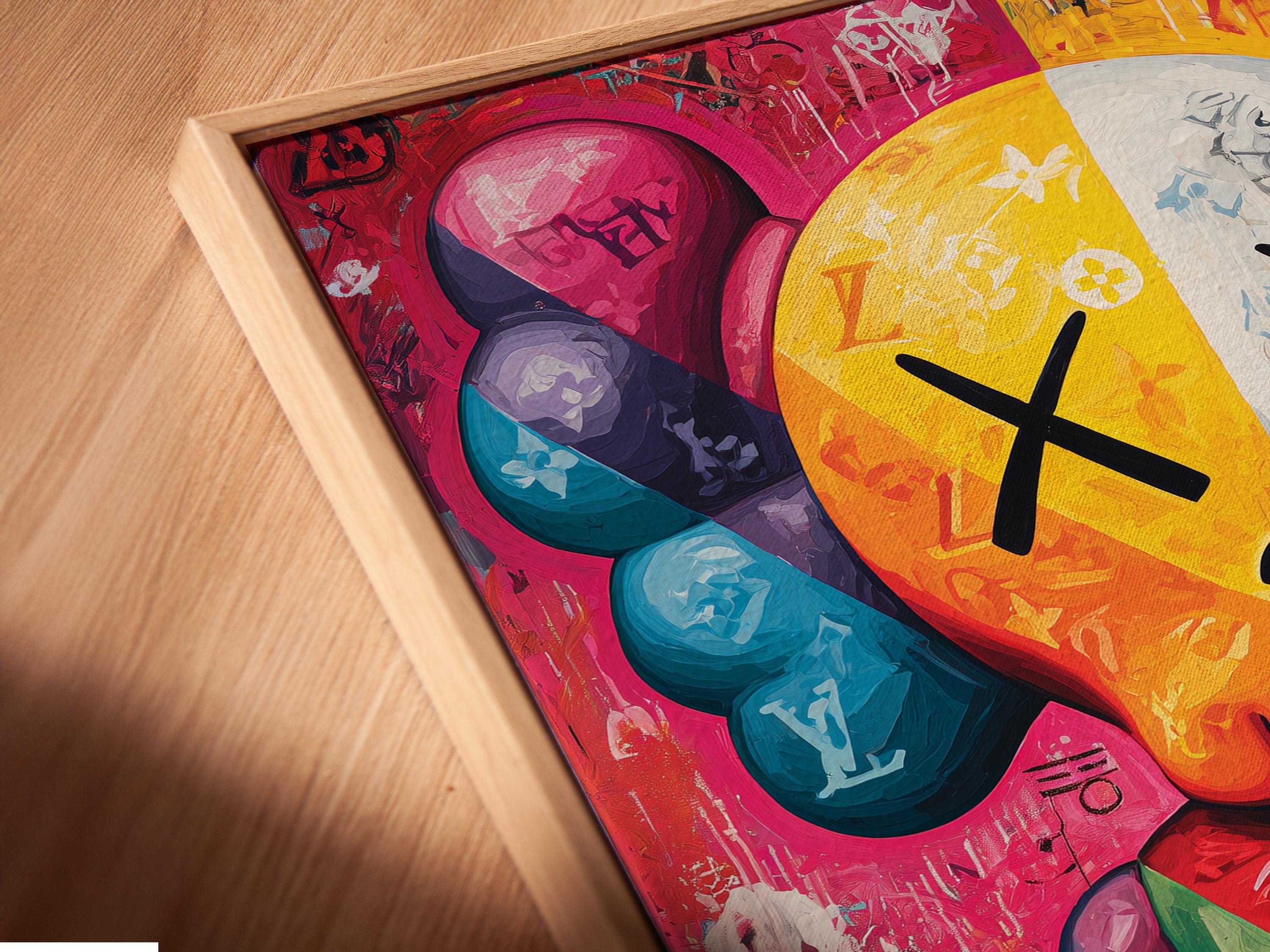 Vibrant graffiti pop art portrait with hot pink, yellow, blue and black-and-white sections detail view