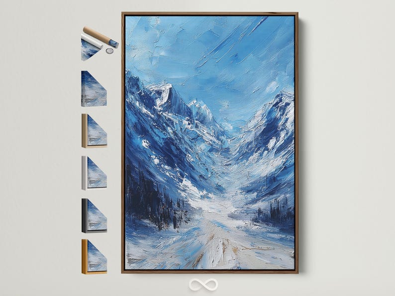 Textured blue winter mountain landscape painting with snowy peaks and valleys
