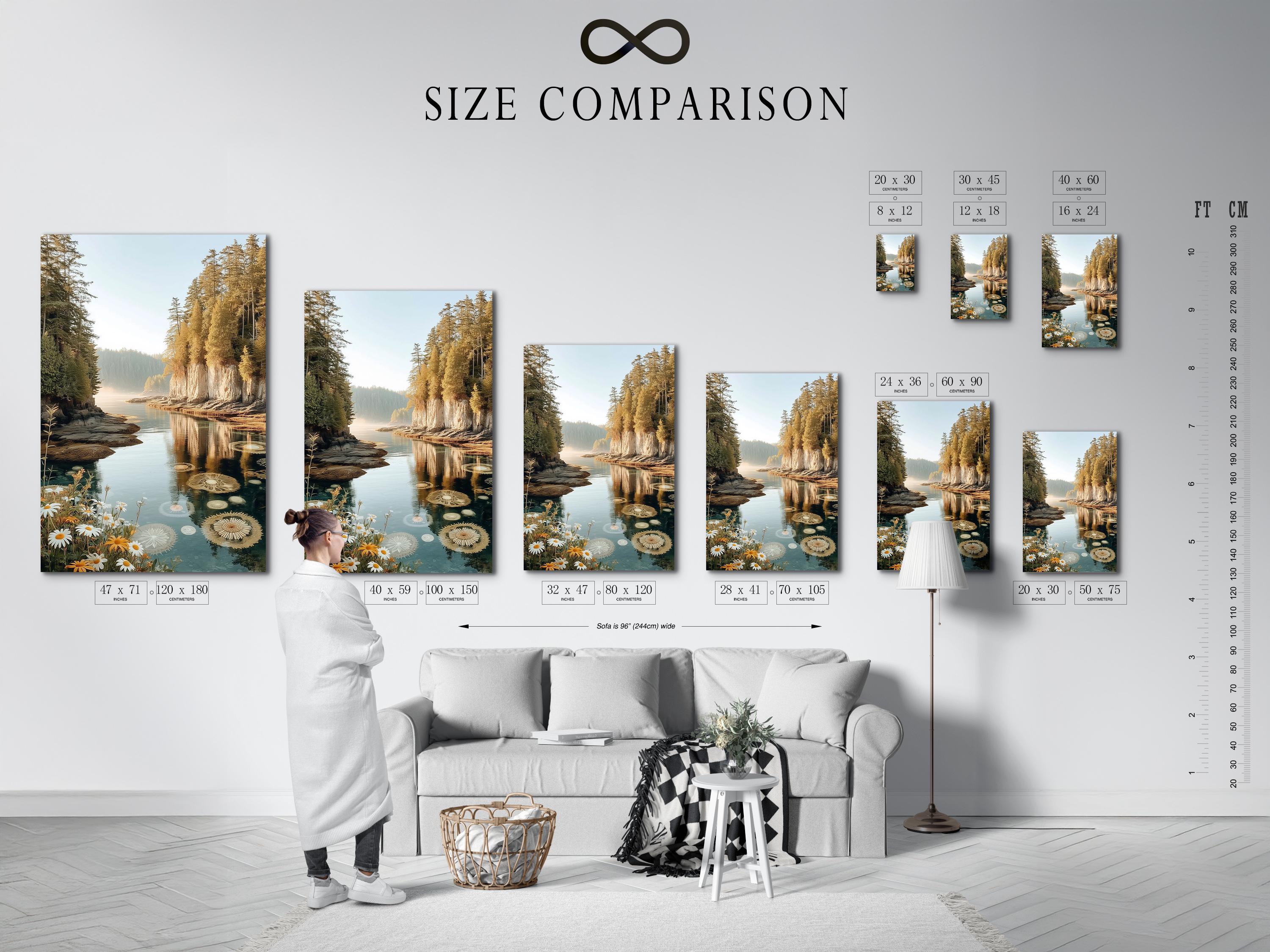 Wall mockup showing framed lake reflection artwork with wildflowers on a white background