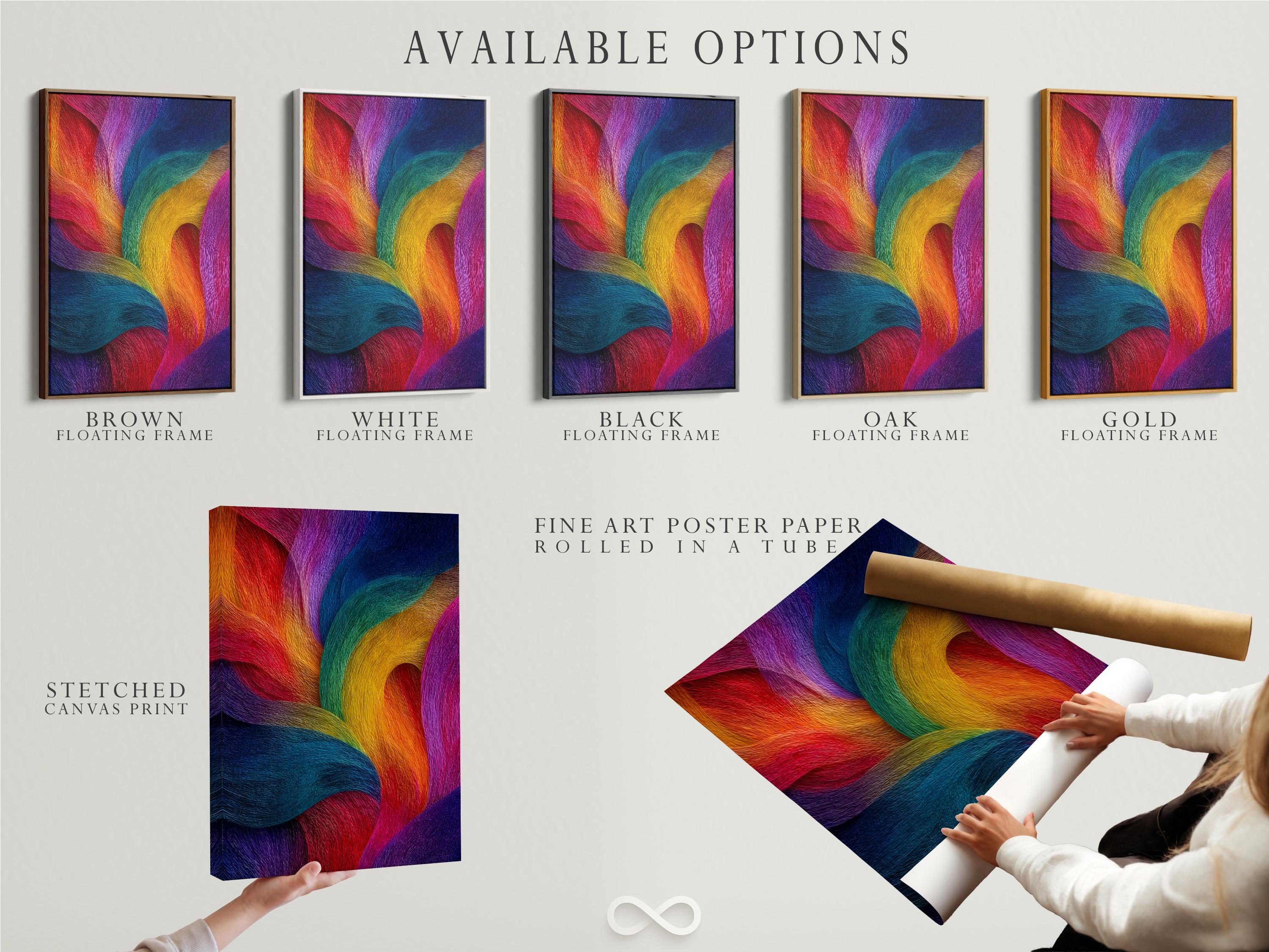 Rainbow abstract artwork with flowing curved bands in purple, blue, pink, teal, yellow and orange detail view