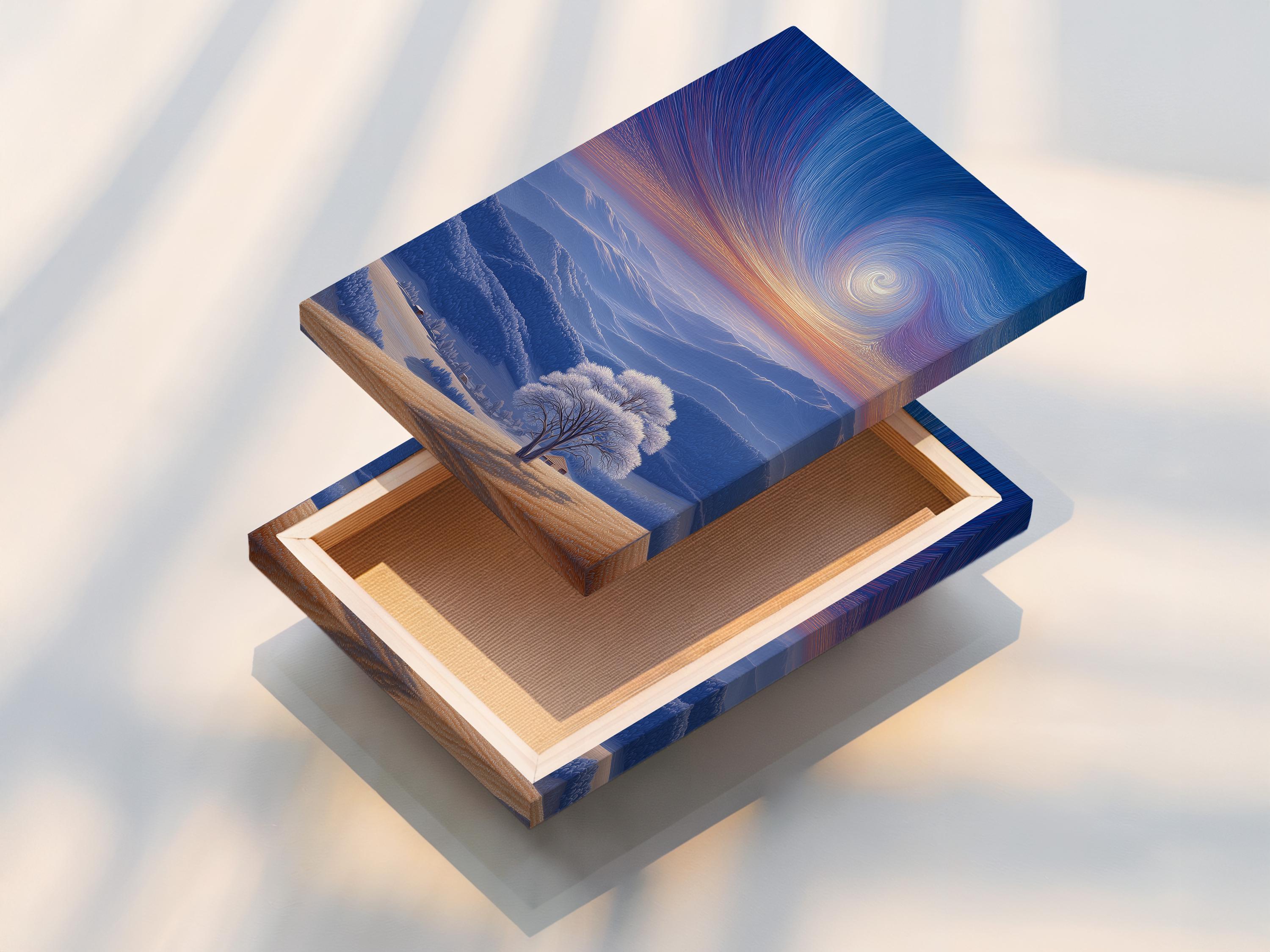 Room mockup showing a framed winter sky mountain landscape artwork on a wall