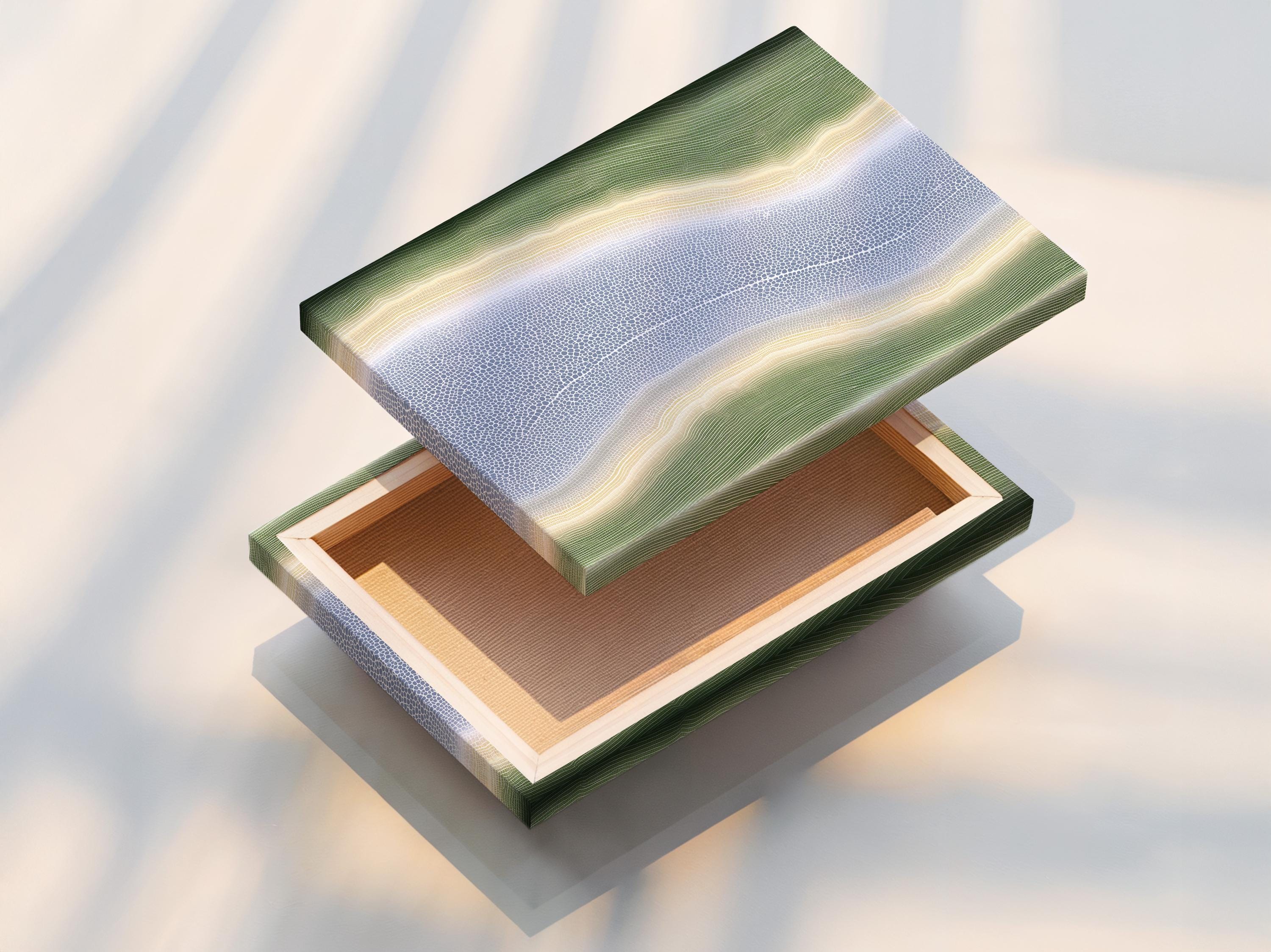 Abstract river-like artwork with sage-green contours and a speckled muted-blue textured centre detail view