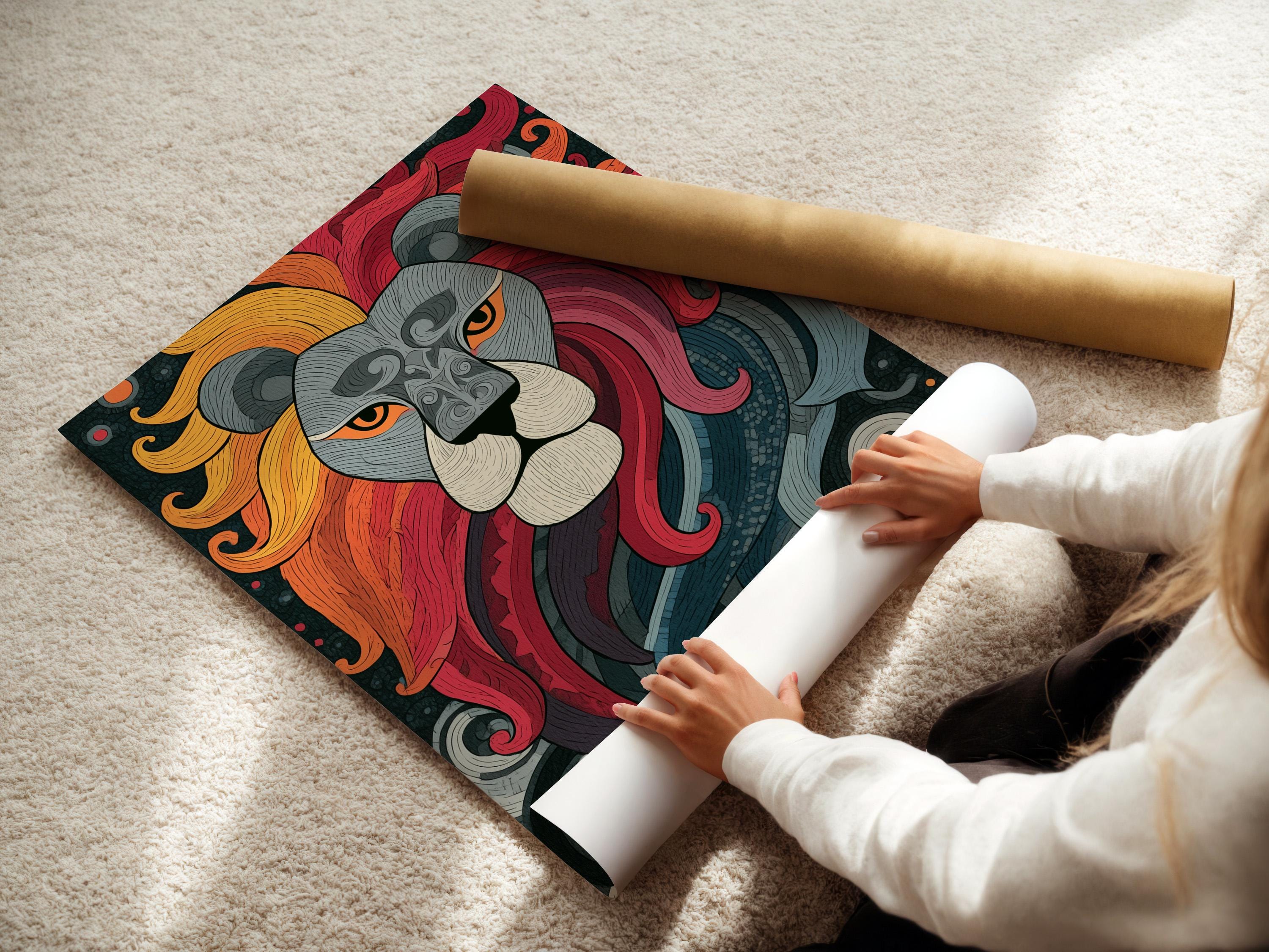 Lion portrait artwork shown in a framed mockup display