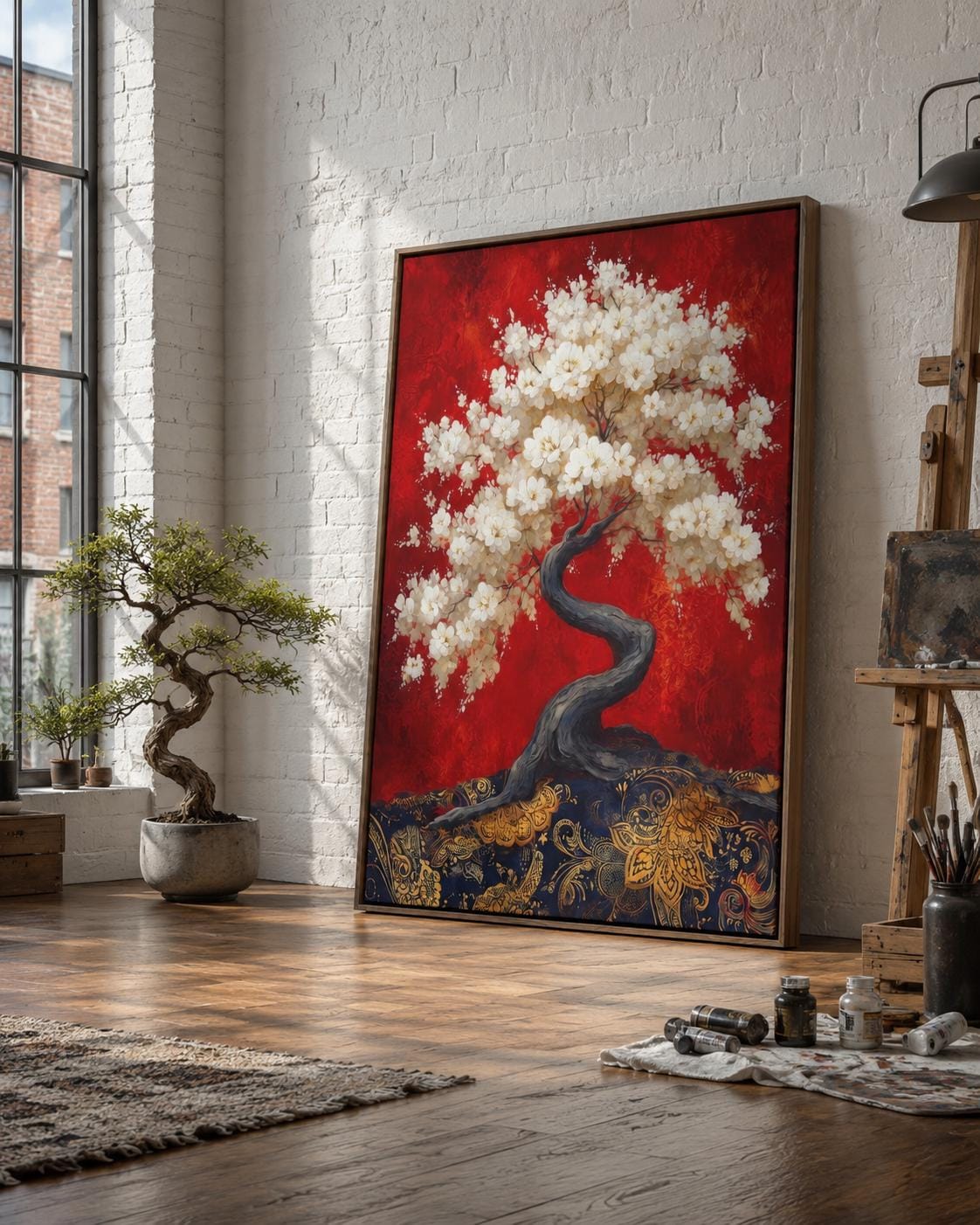 Spa reception scene with a woman seated at a reception desk and a cherry blossom tree artwork on the wall