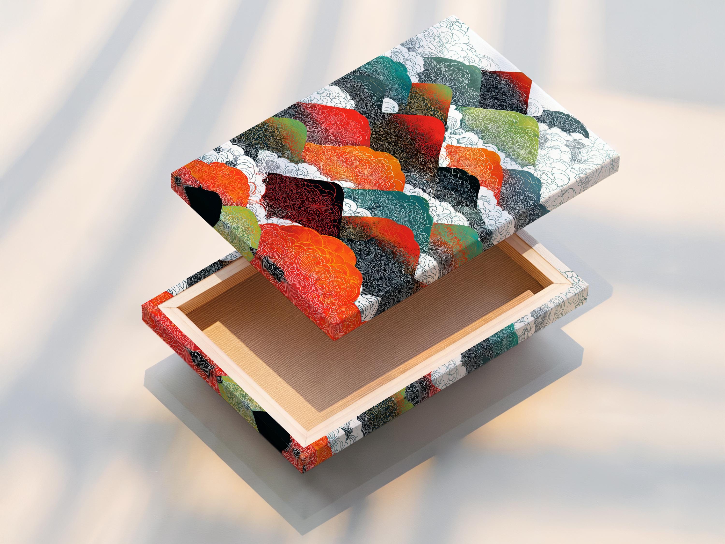 Illustrated mountain range with repeating contour line texture in red, orange, teal and green detail view