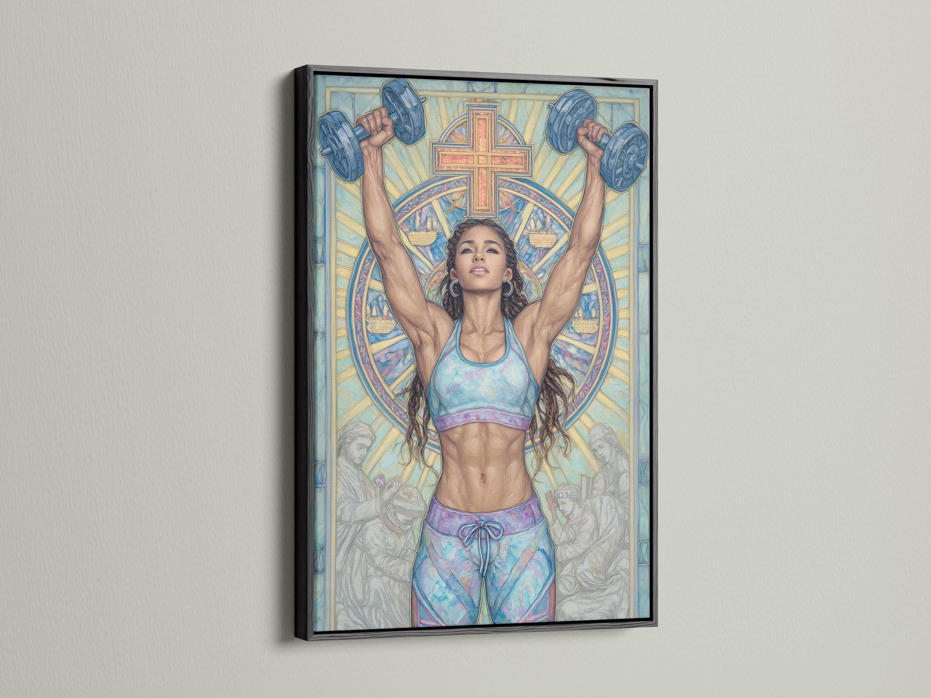 A stylised image shows a woman lifting both arms in prayer-like posture beneath a large cross, in cool blue and pastel tones detail view