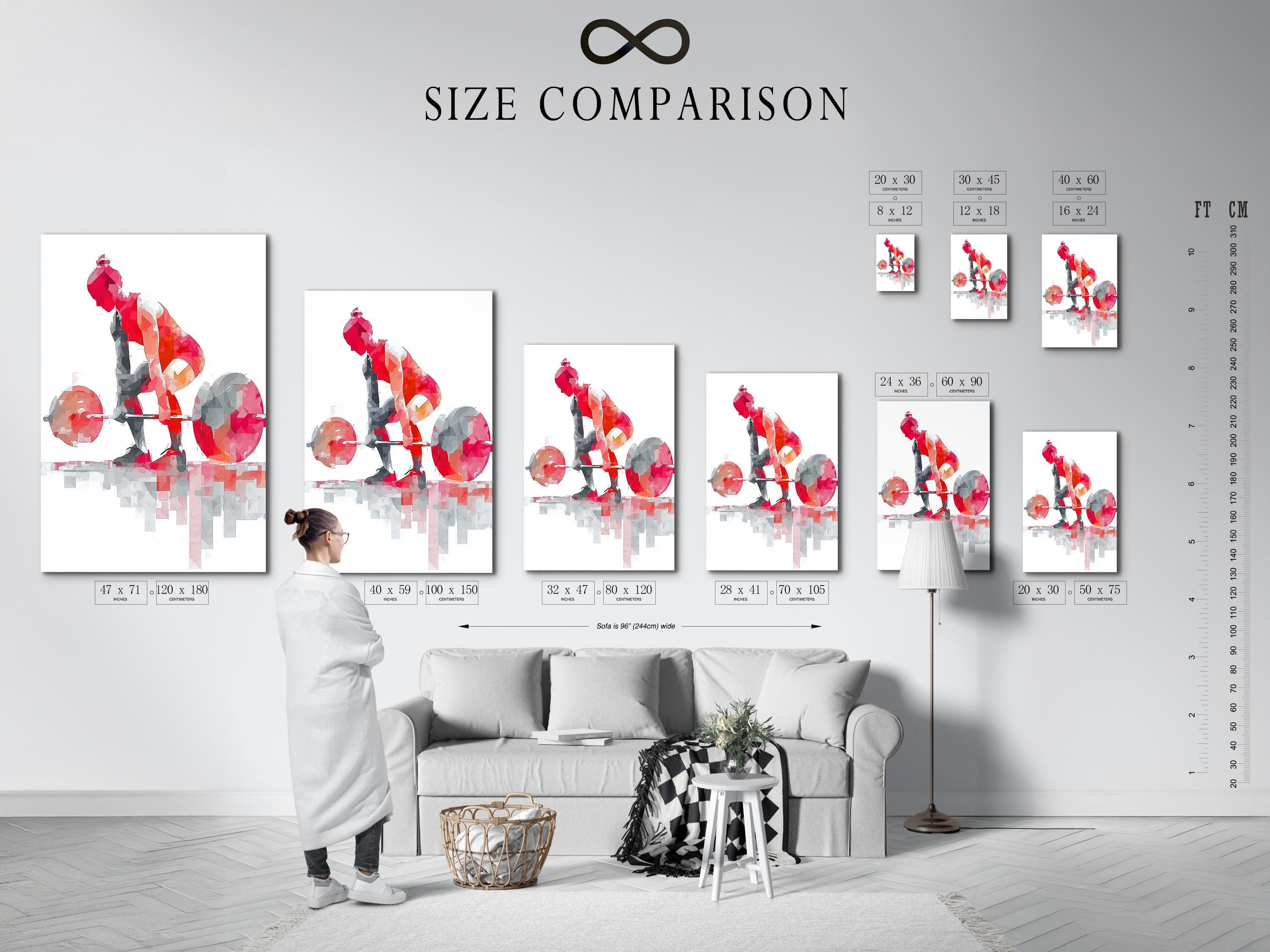 Fitness artwork mockup showing a red and grey weightlifter lifting a barbell inside a frame