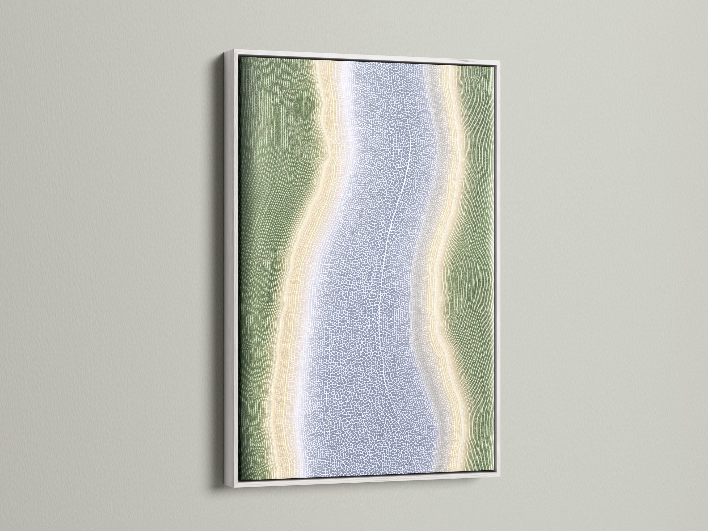 Abstract river-like artwork with sage-green contours and a speckled muted-blue textured centre detail view