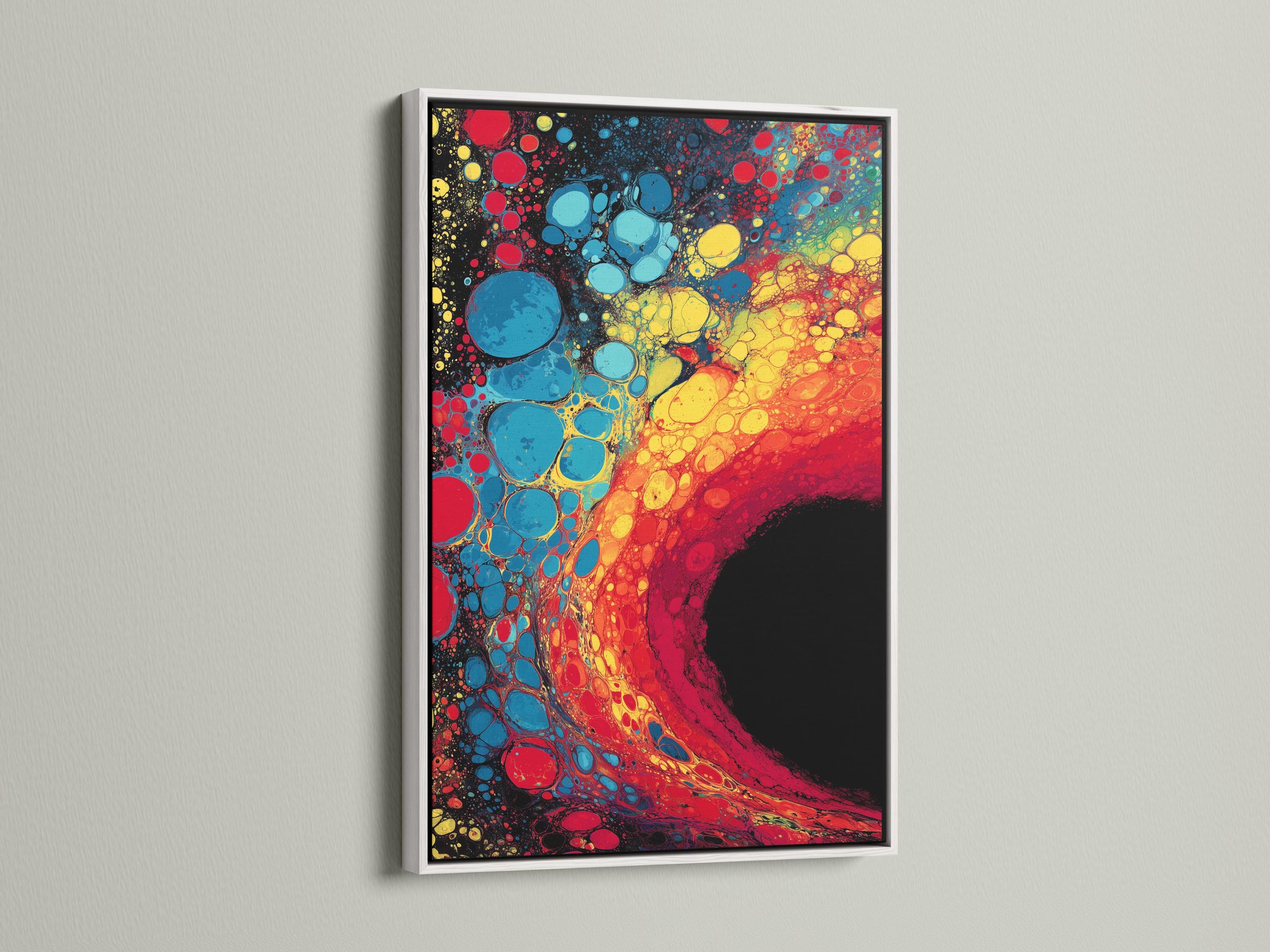 Fluid abstract artwork with red, blue and yellow bubble-like circles on a dark background detail view