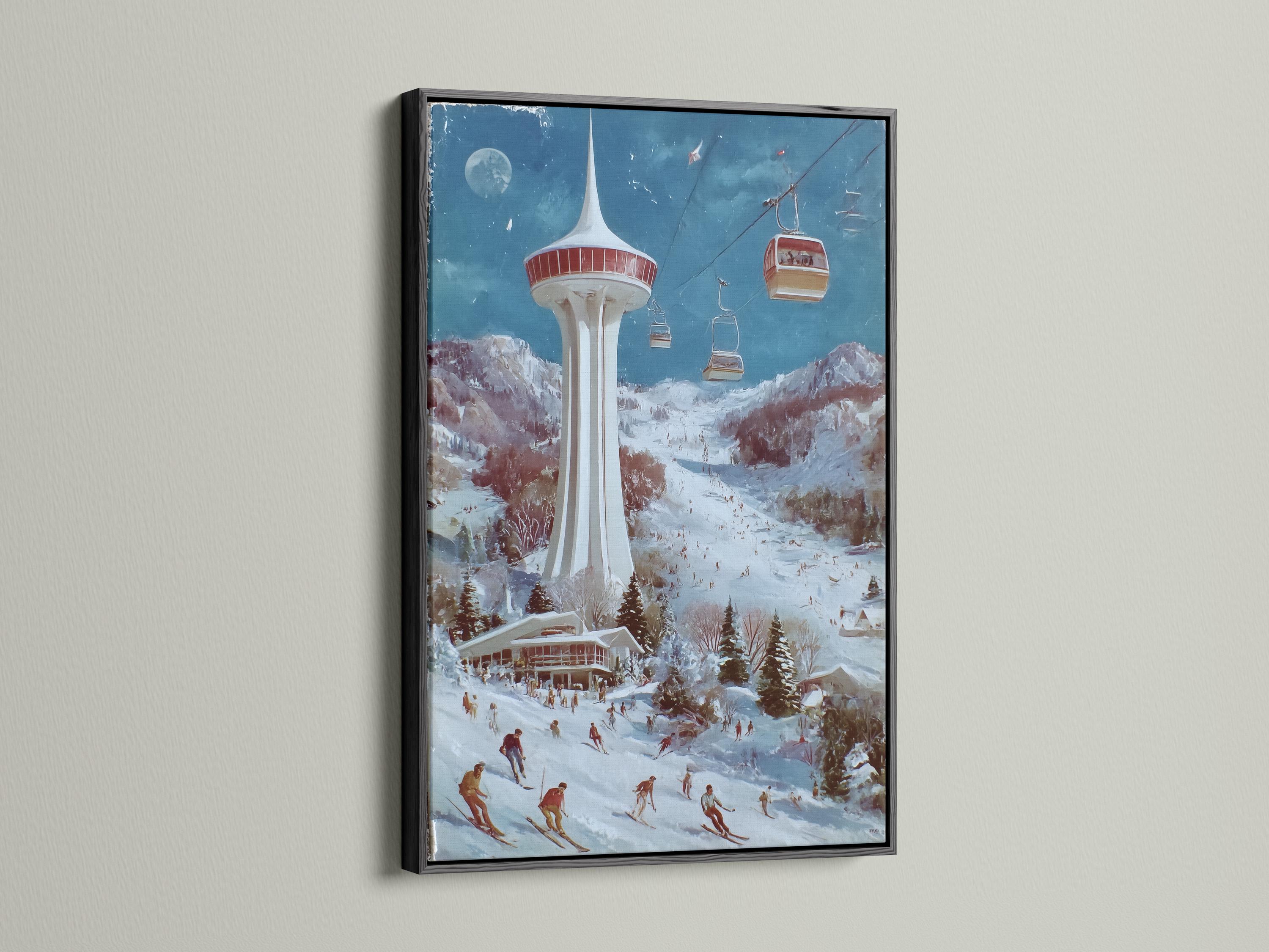 Winter ski resort scene with a tall tower, cable cars and skiers on snowy slopes detail view