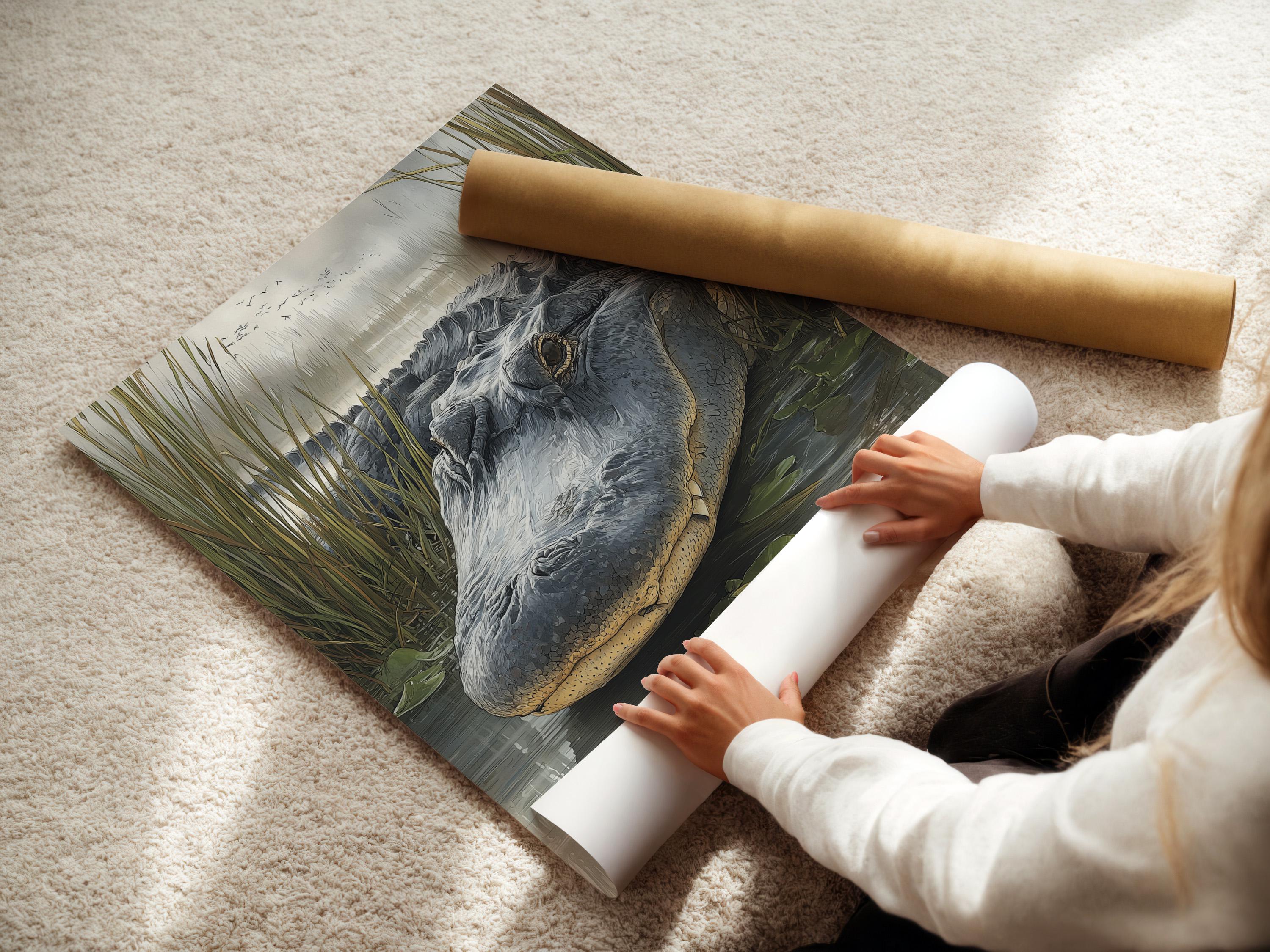 Grey alligator in a swamp scene with tall reeds, lily pads and water reflections detail view
