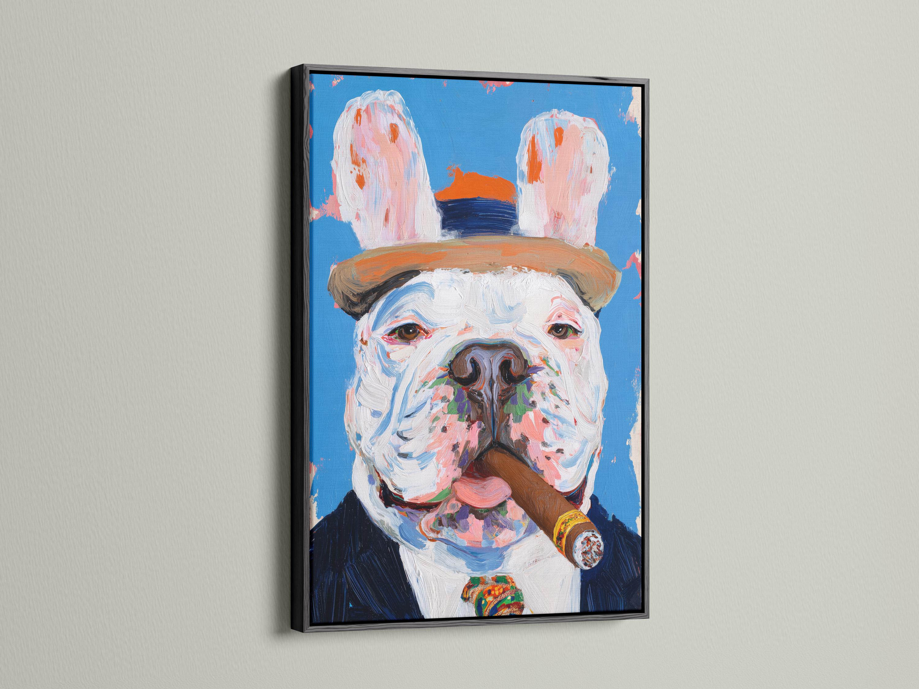 Painterly bulldog portrait with a cigar against a bright blue background detail view