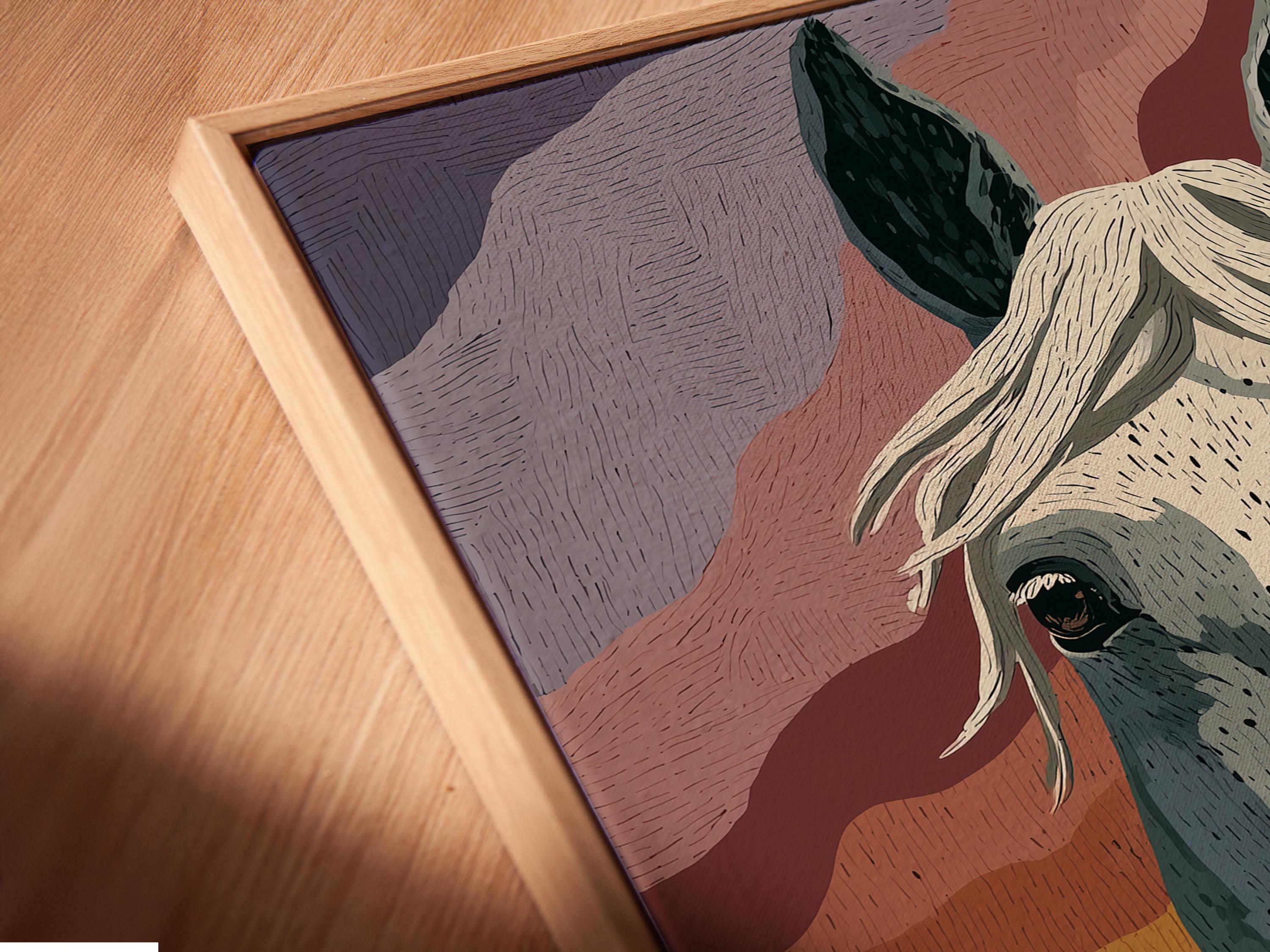 Abstract portrait of a horse head with cream muzzle, dark ears and flowing mane over layered wave-like bands detail view
