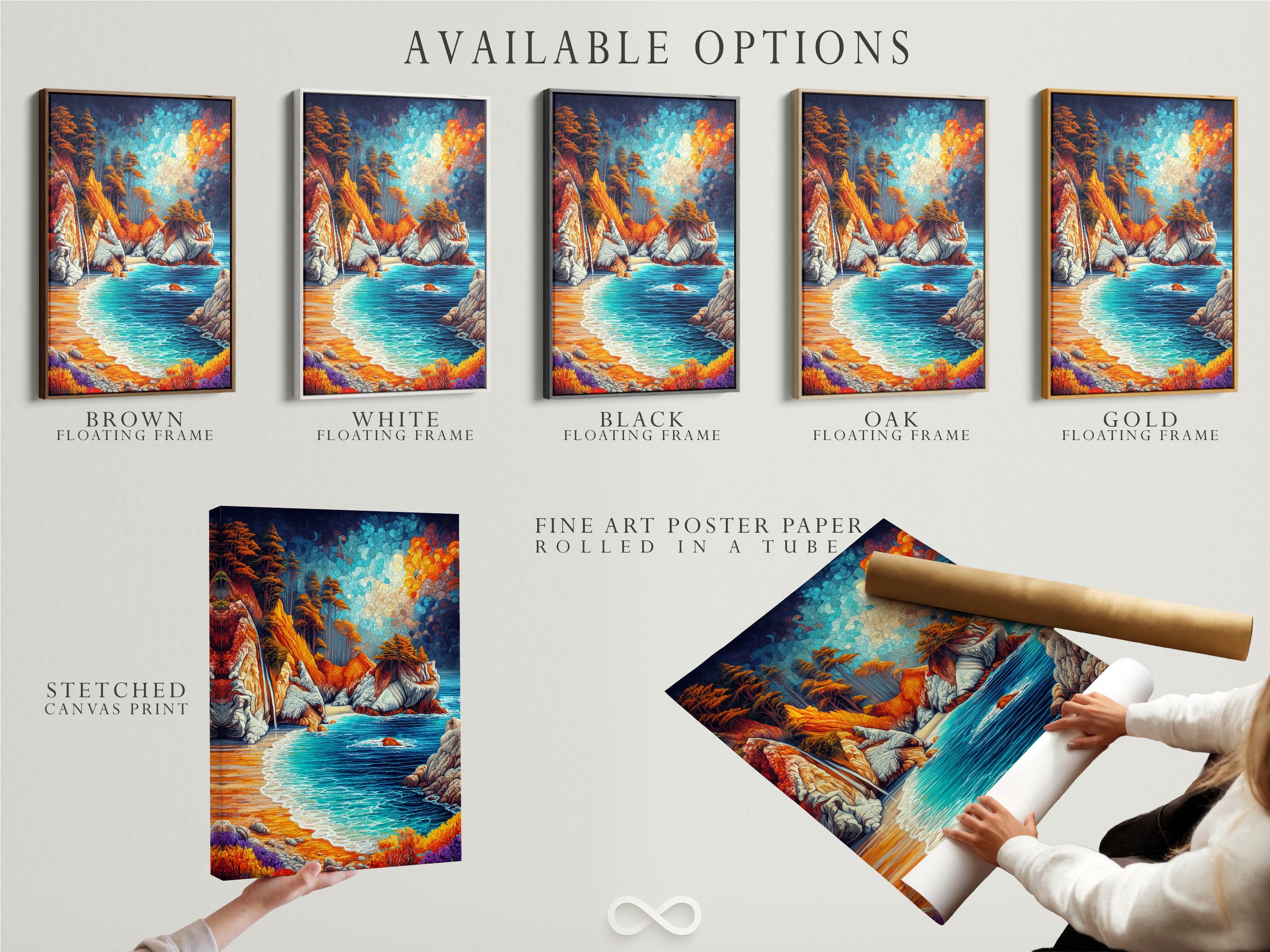Vibrant ocean shoreline seascape with turquoise waves, orange cliffs and textured blue sky circles detail view