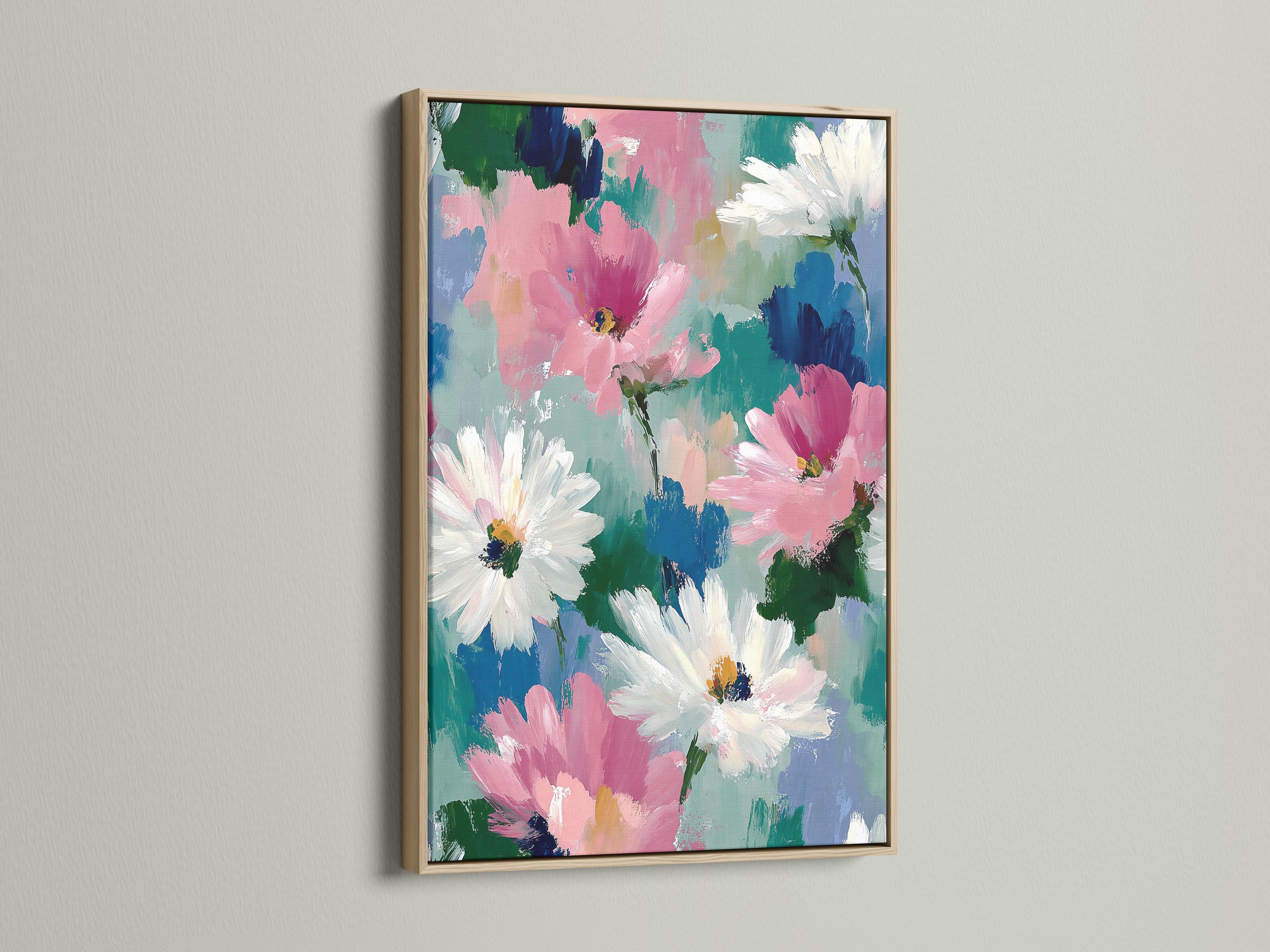Abstract floral painting with pink and white daisy-like flowers, teal and blue background, and green stems detail view