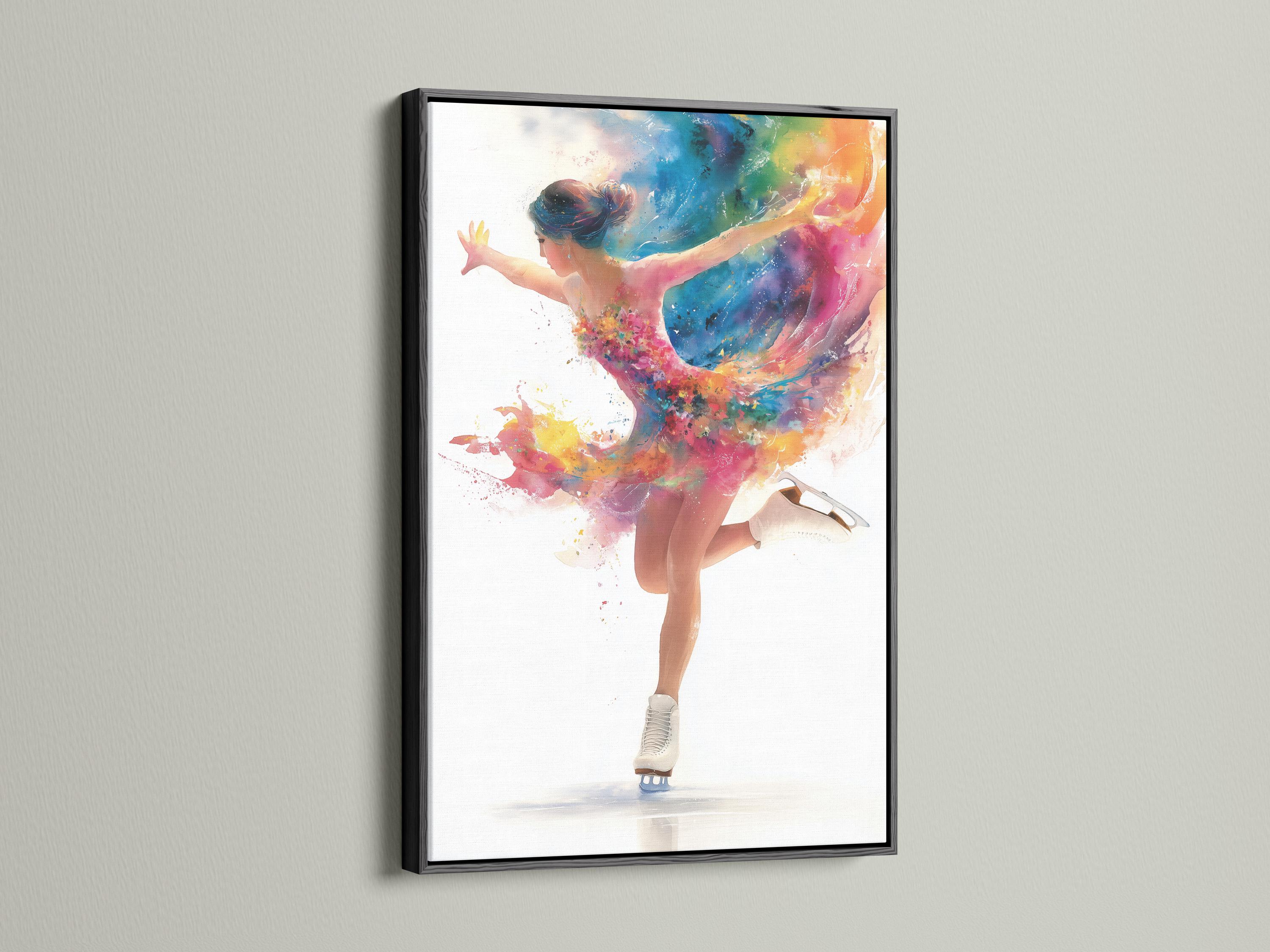 Stylised figure skater dancer with multicolour paint-splash motion over a white background detail view