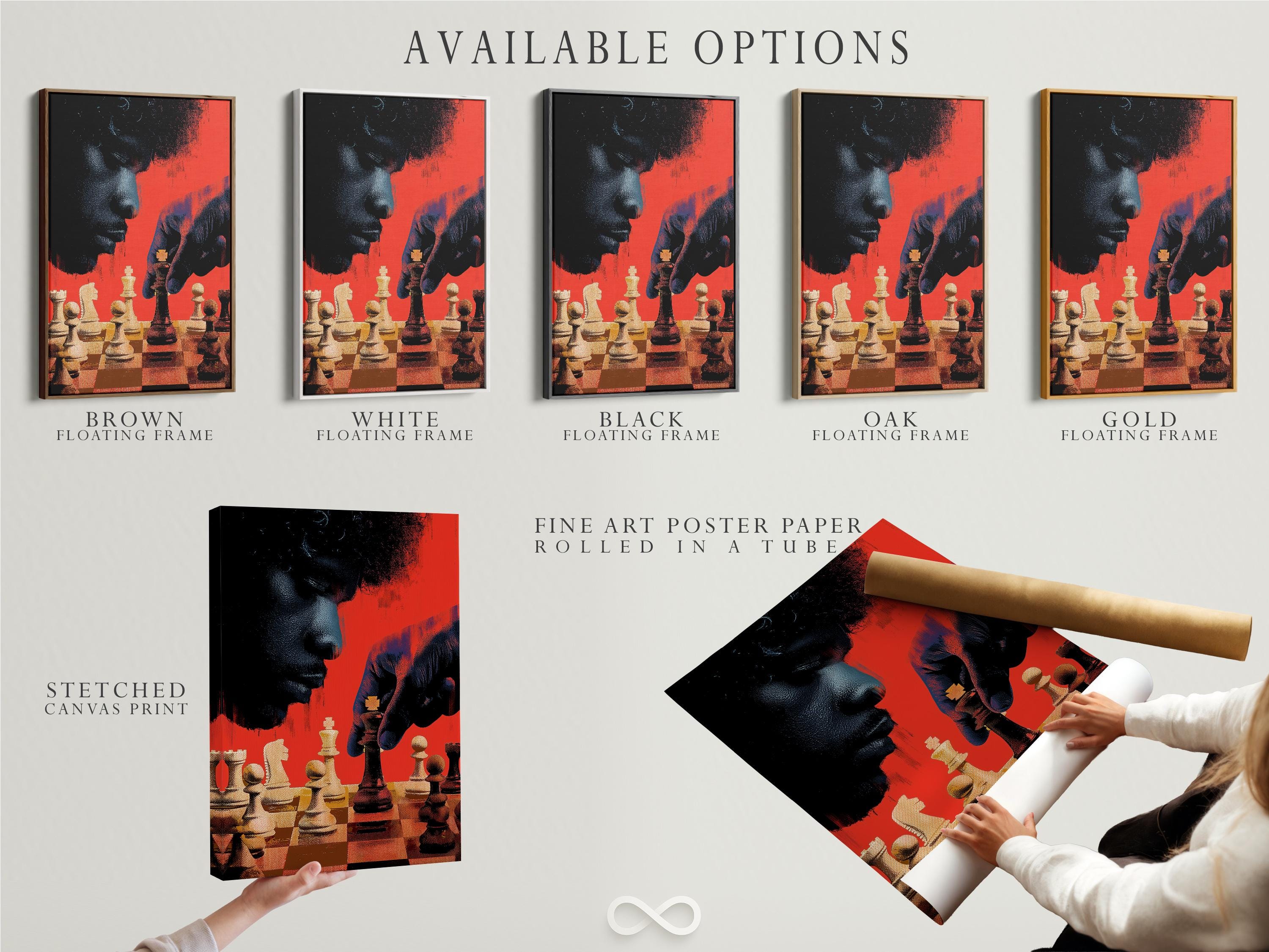 Abstract chess composition with red and black background and warm gold chess pieces detail view