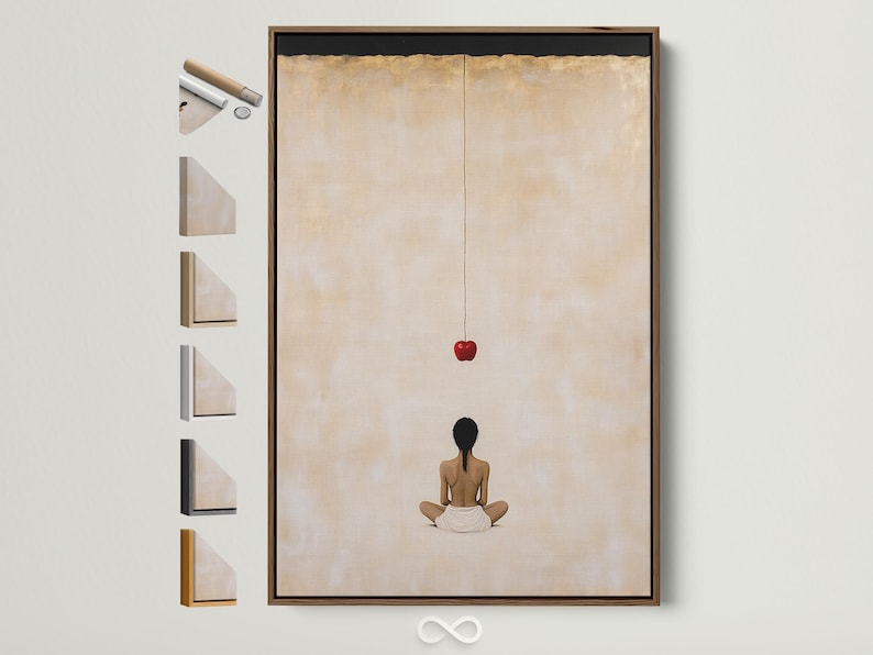 Minimalist meditating figure with a red apple on a warm beige background