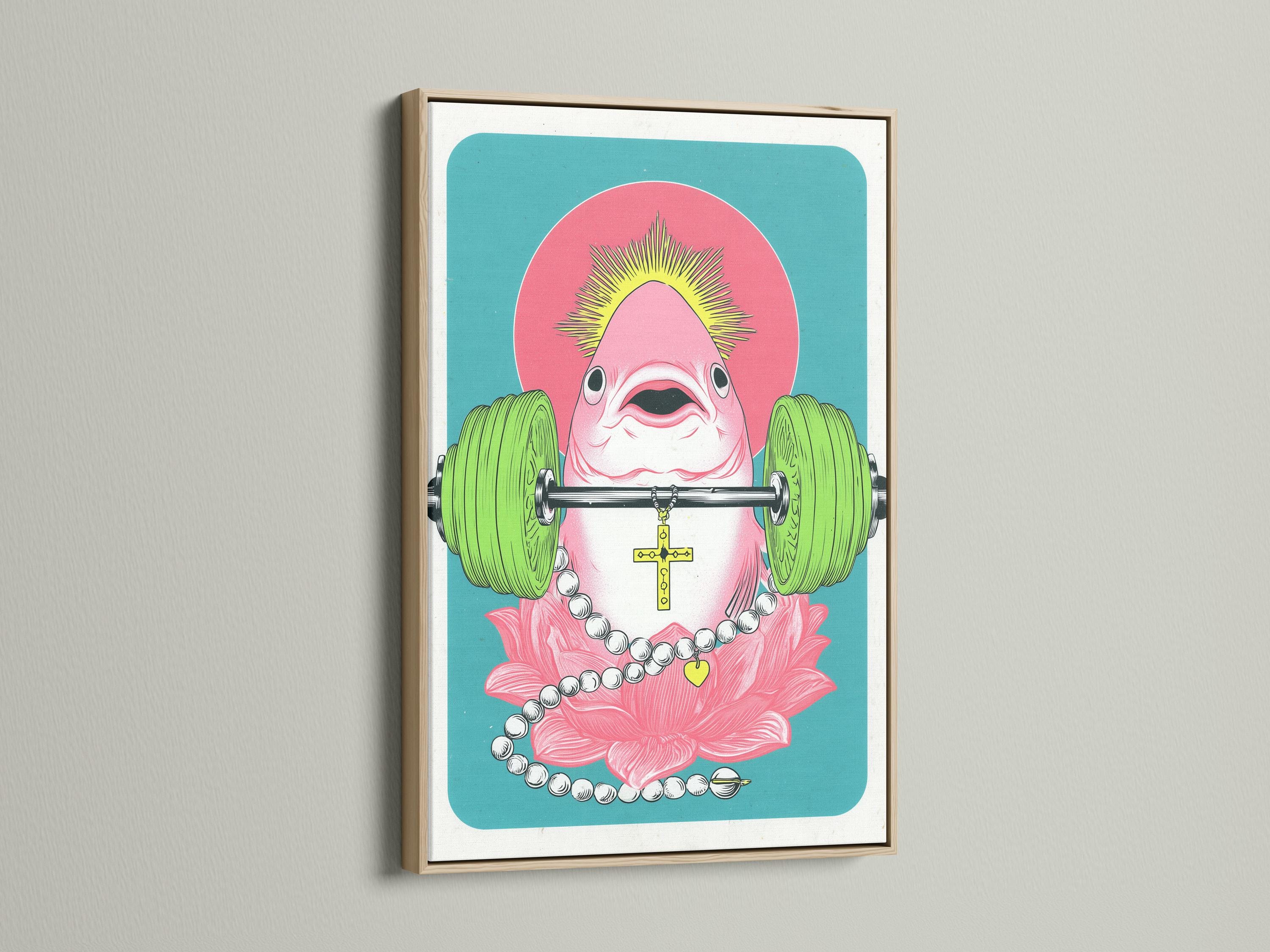 Pop surreal illustration of a pink fish weightlifter holding a barbell with a lotus and yellow cross detail view