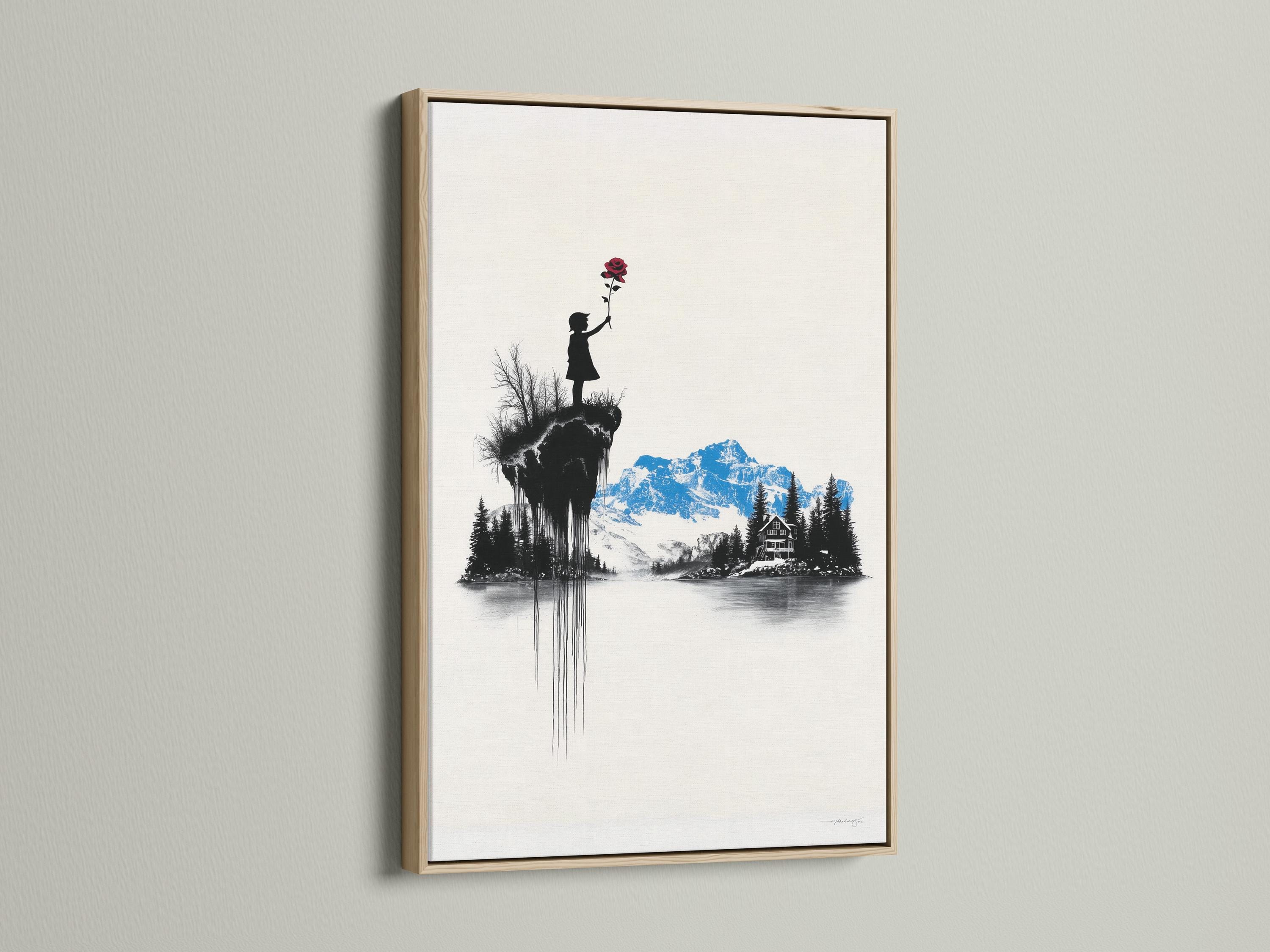 Room mockup showing a framed artwork of a monochrome mountain scene with a girl silhouette holding a red rose