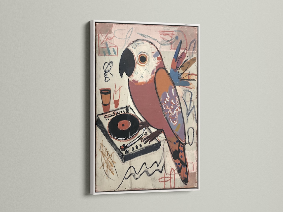 Stylised parrot above a vinyl record and turntable with graffiti-like music doodles detail view