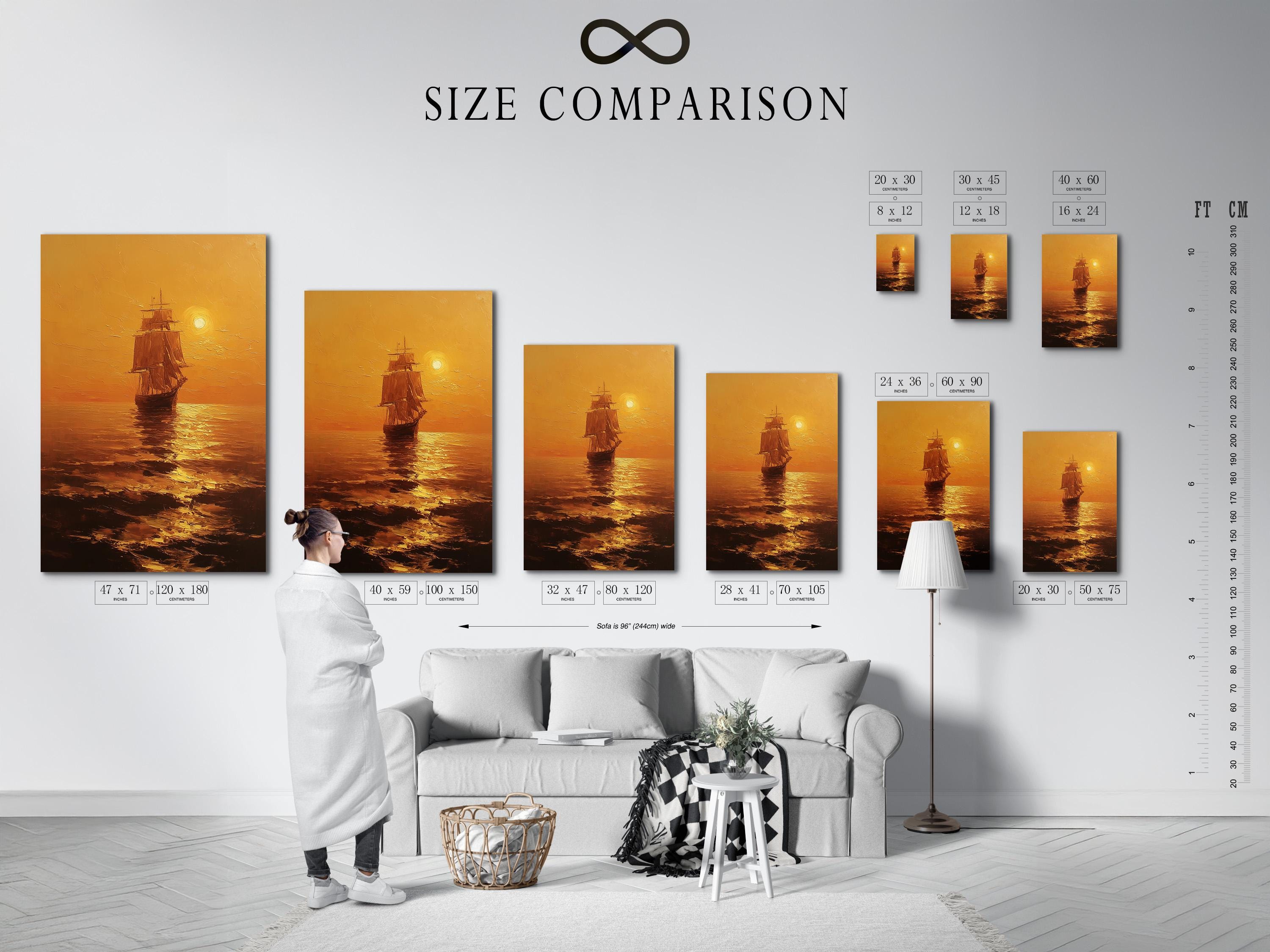 Room mockup showing a warm golden seascape with a sailing ship and glowing sun