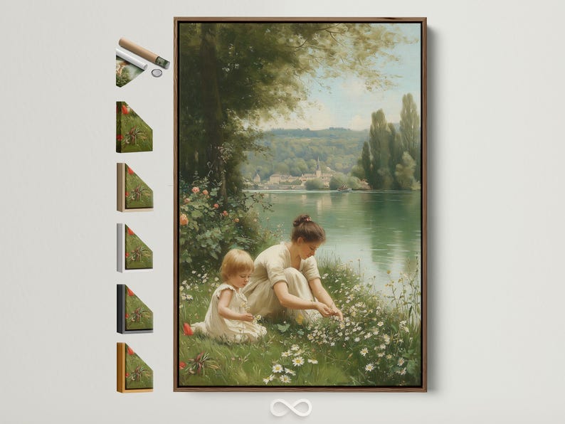 Mother and child sitting in a meadow by a calm lake with trees and distant buildings