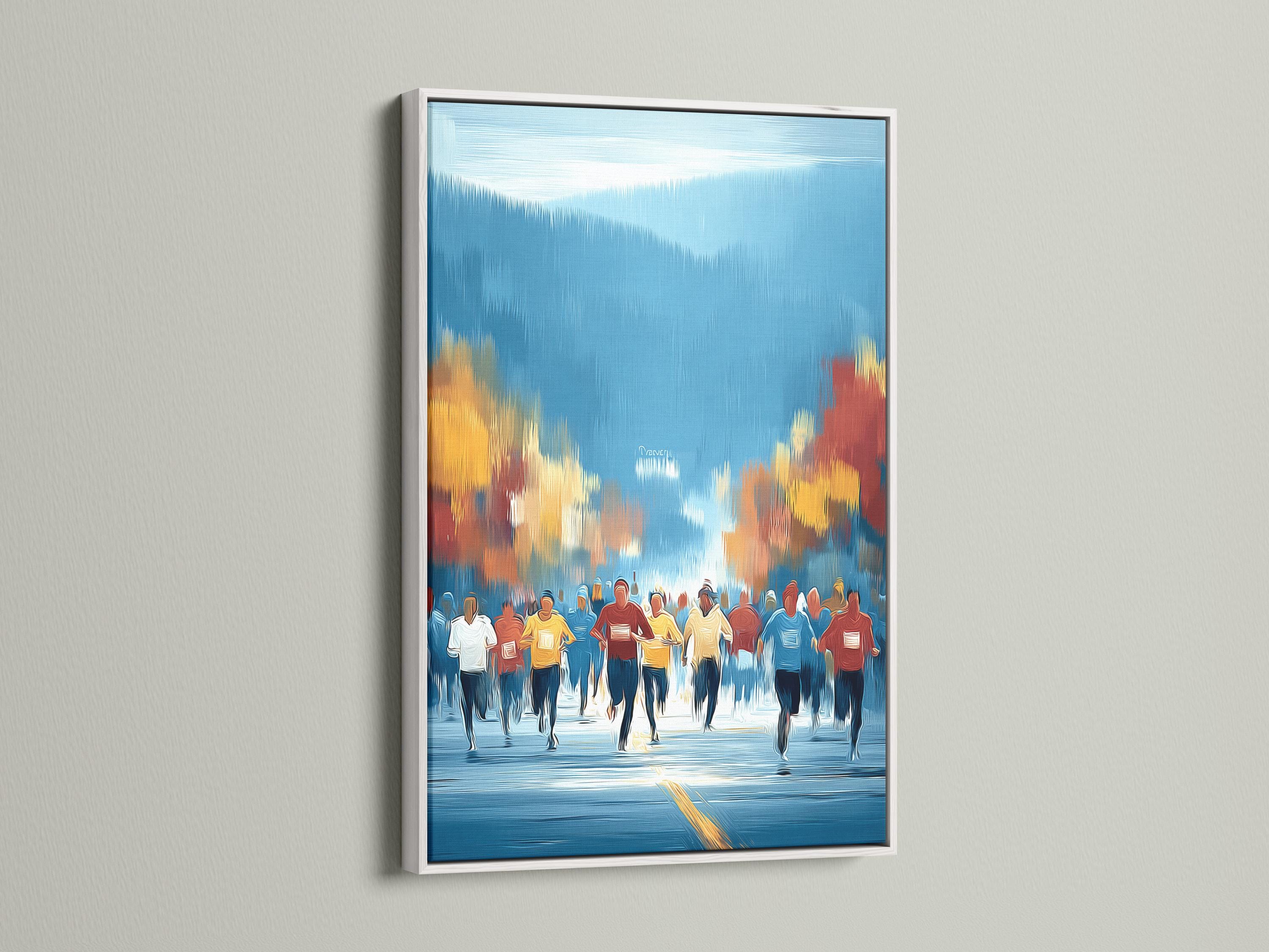 Stylised painting of runners in blue with warm gold horizon light and reflective foreground detail view