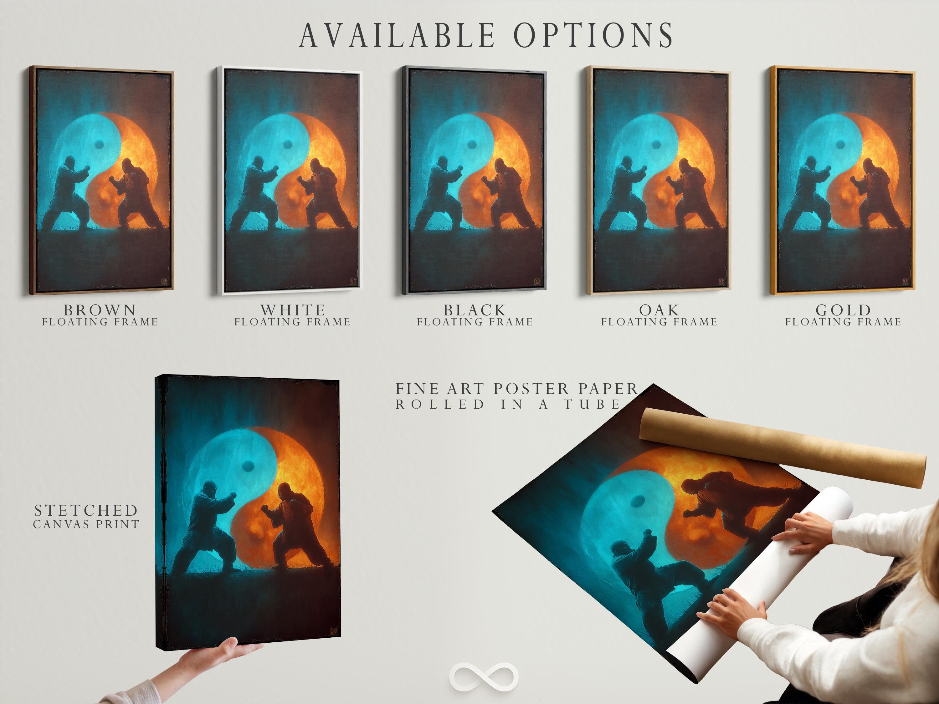 Turquoise and orange yin-yang style artwork with two martial artists facing each other detail view