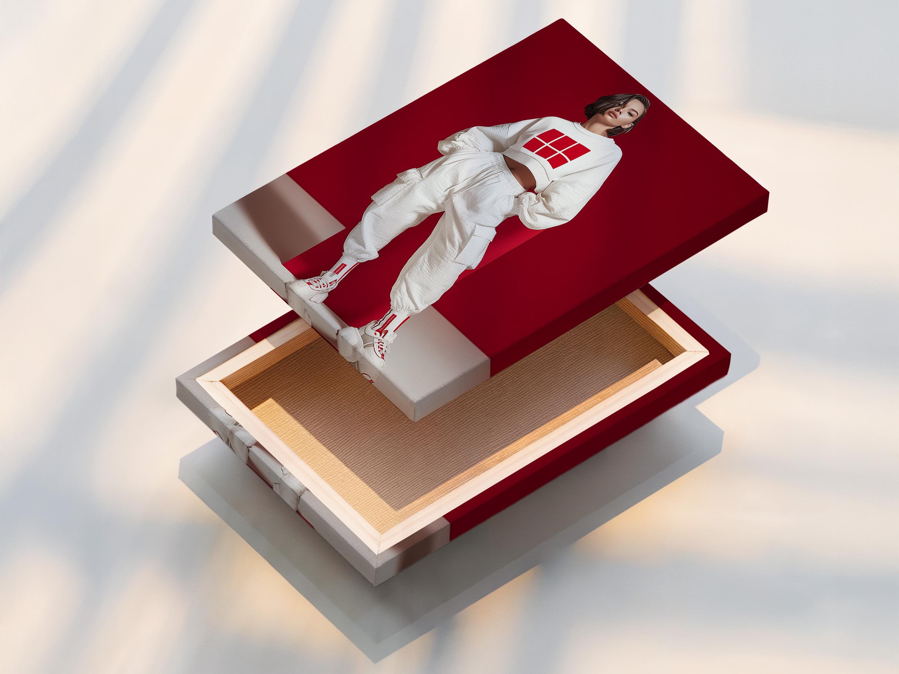 Stylised fashion portrait of a woman in white streetwear with a grid logo on a deep red background detail view