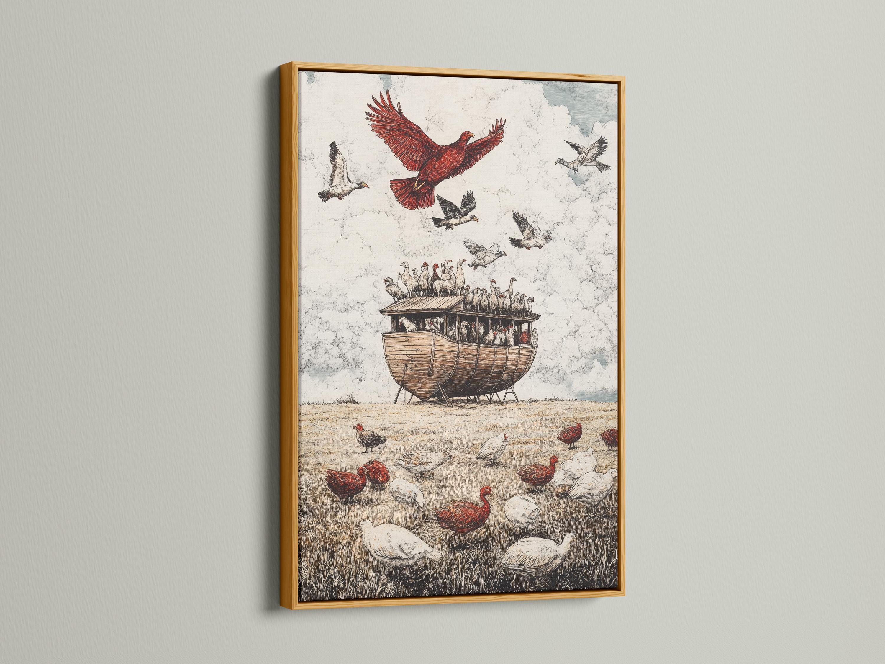 Vintage illustration of a red-feathered bird of prey flying above a wooden ark full of birds and grass detail view