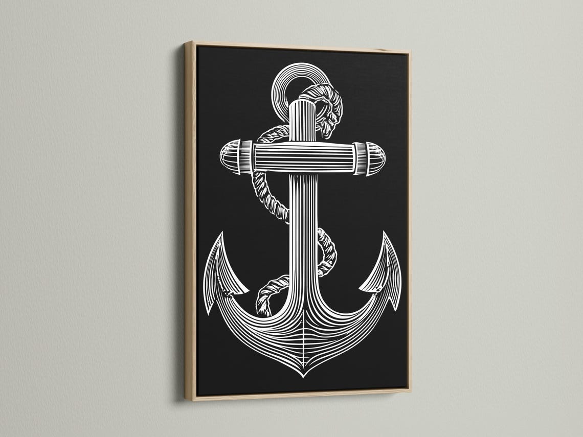 Black and white anchor line art with a profile figure and circular ring halo detail view