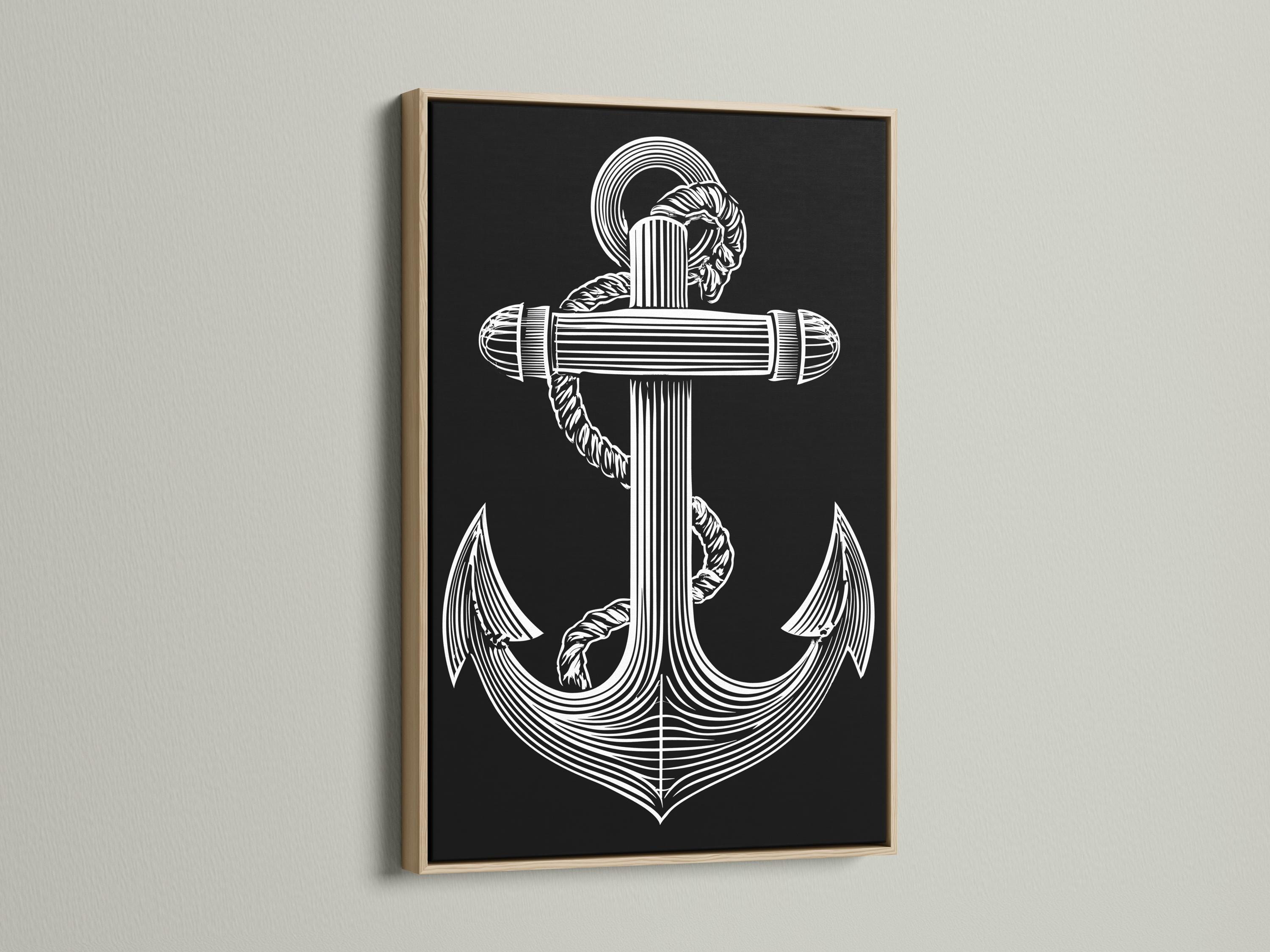 Black and white anchor line art with a profile figure and circular ring halo detail view