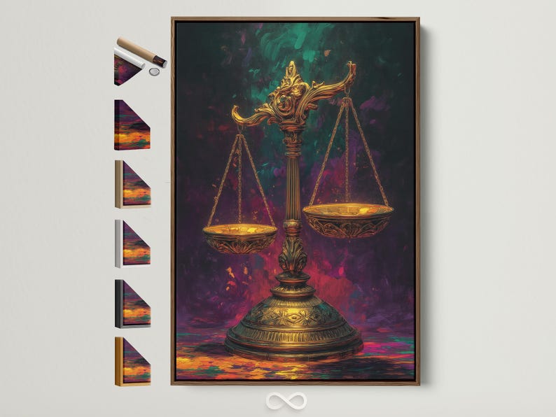 Ornate gold scales of justice with two hanging pans against a smoky purple and green background