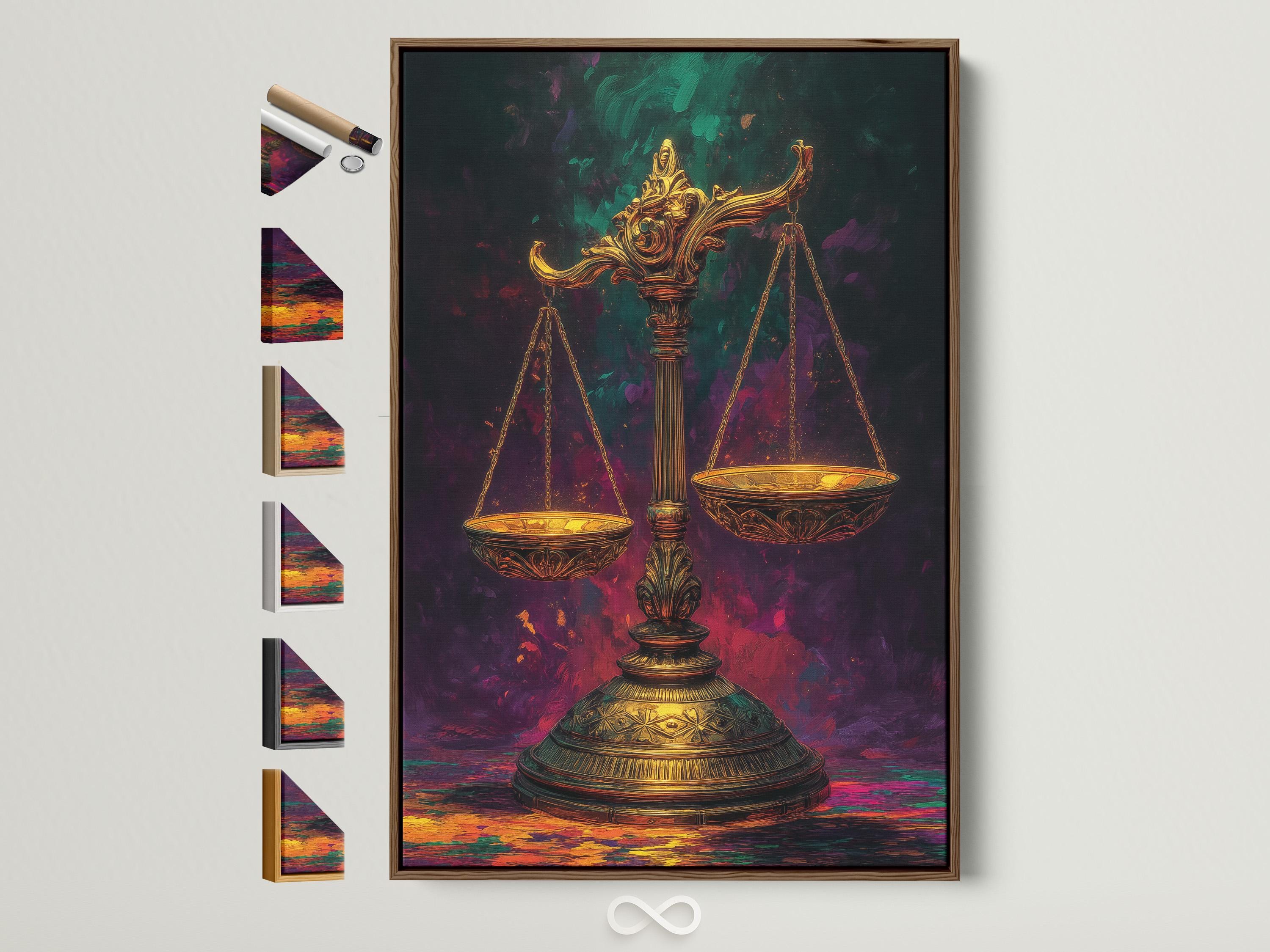 Ornate gold scales of justice with two hanging pans against a smoky purple and green background