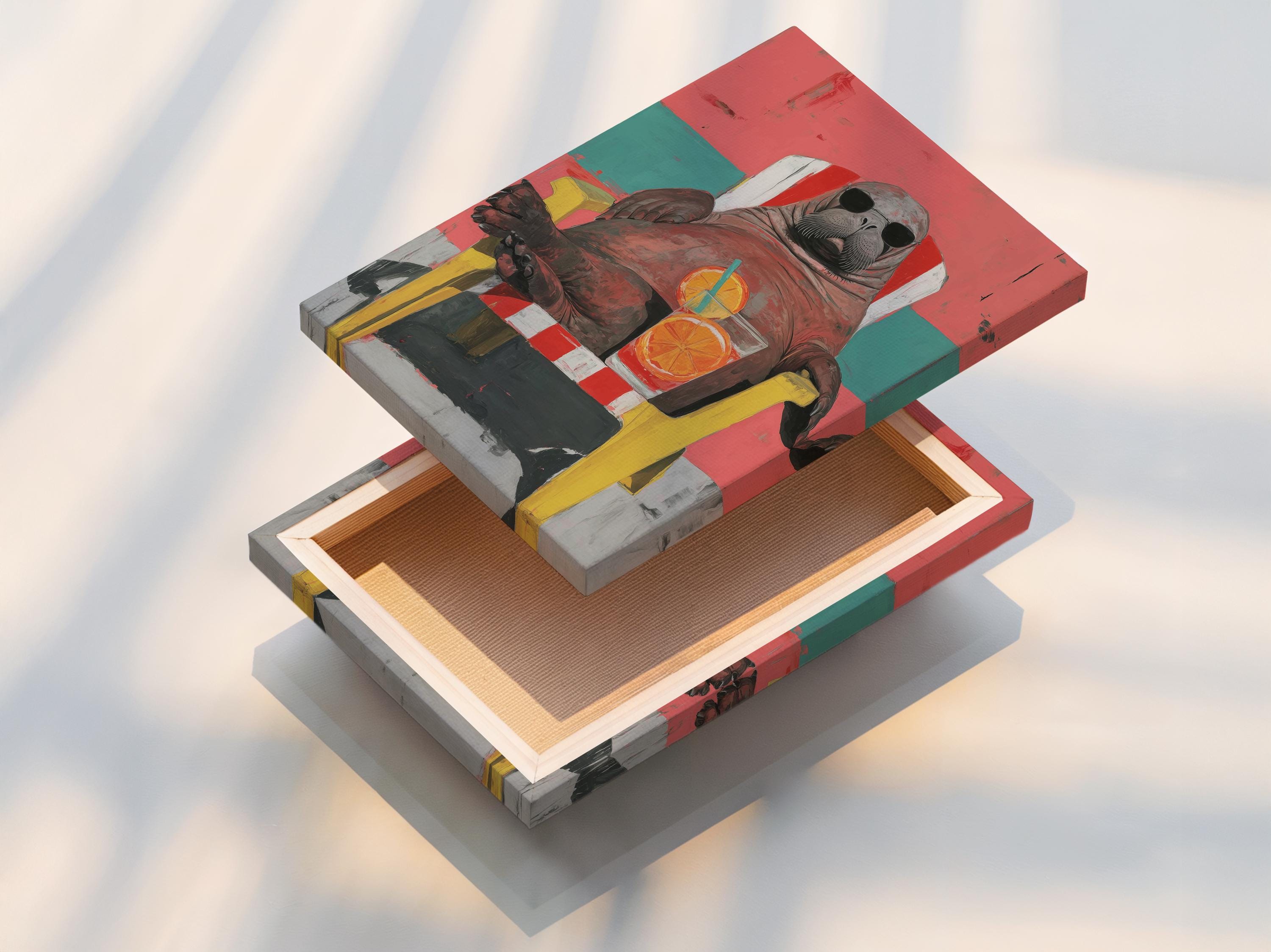 Stylised walrus wearing oversized sunglasses with a coral and teal background and a drink with an orange slice detail view
