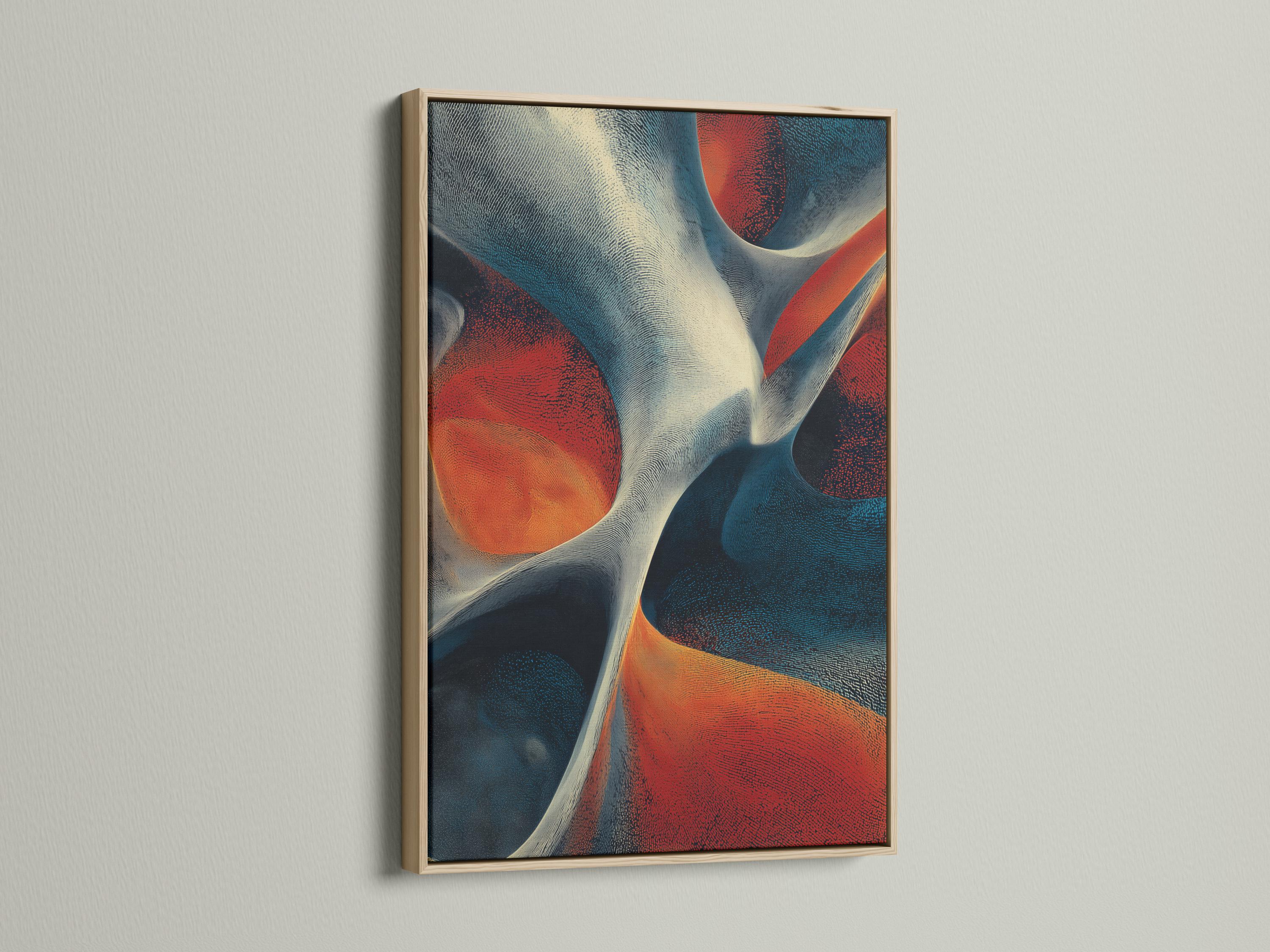 Abstract artwork with cream flowing curves and teal, navy, orange and red textured shapes detail view