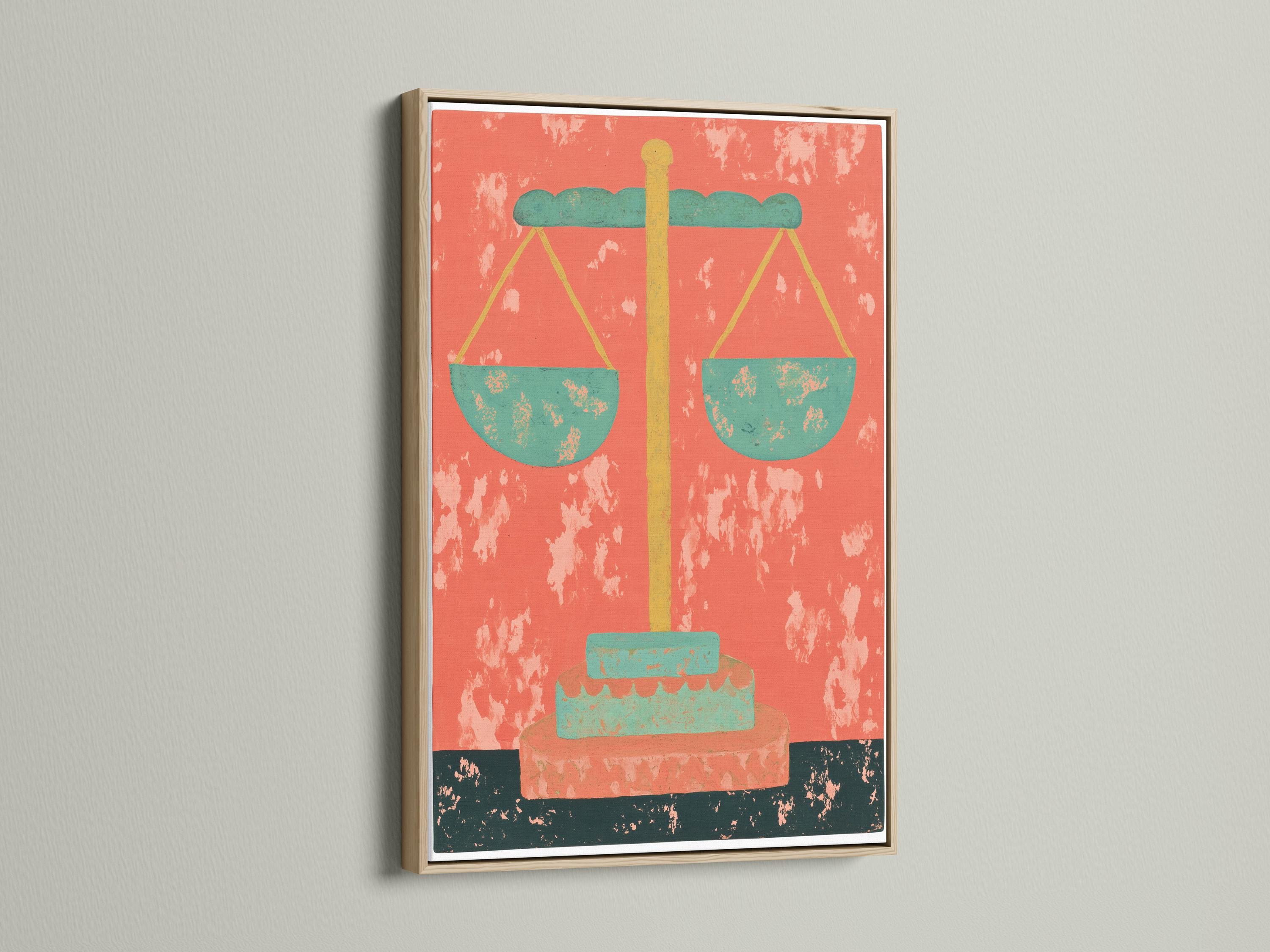 Stylised scales of justice with mint-green pans and gold beam on a coral-red distressed background detail view