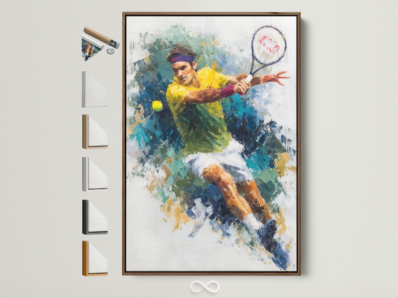 Abstract tennis player artwork in blue, teal, green and yellow with a sweeping racket arc