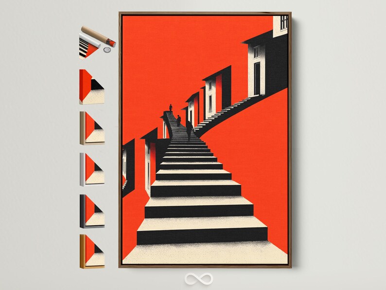 Geometric staircase artwork with vivid red background, black steps, cream surfaces and simplified building facades