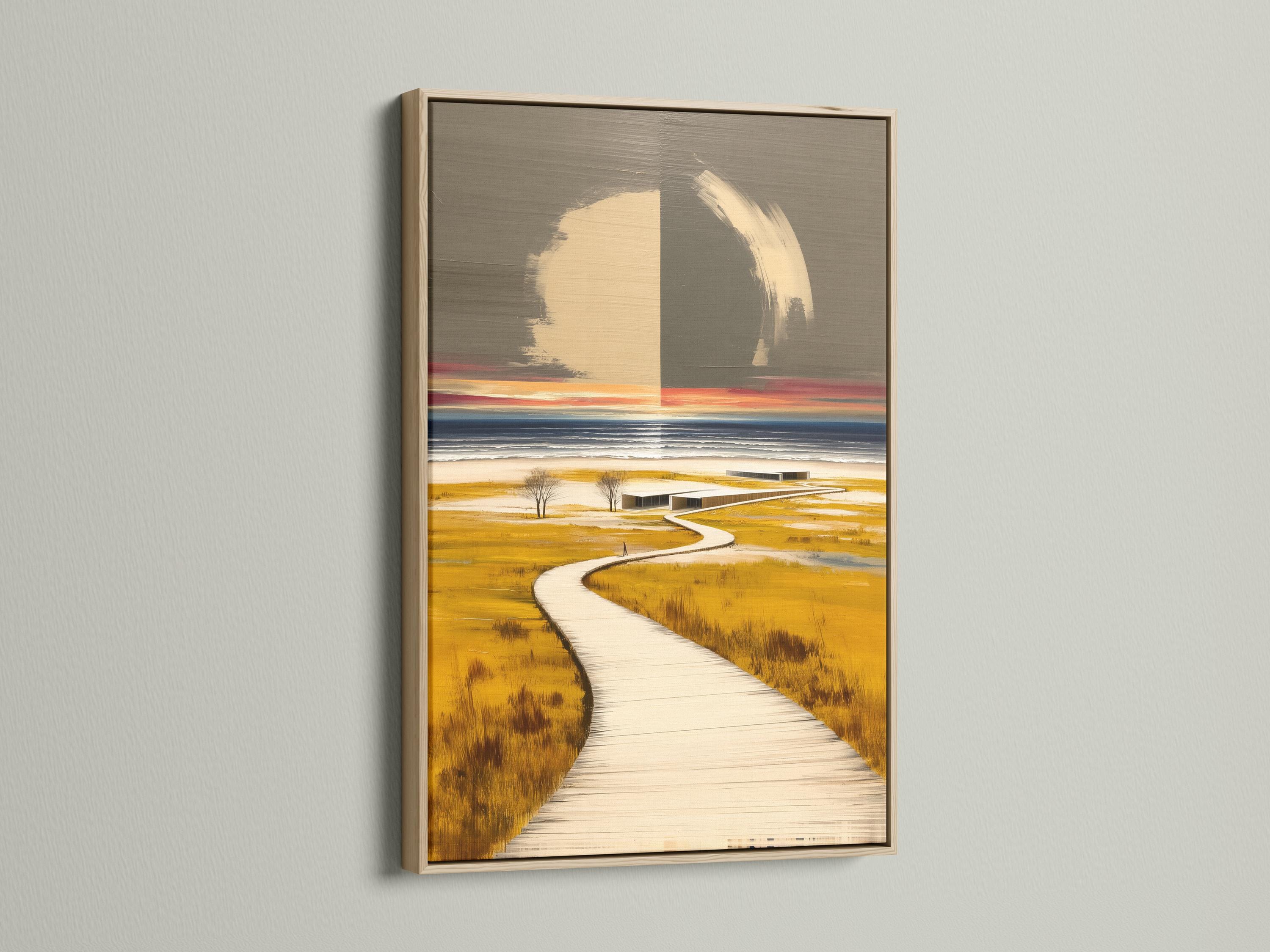Minimalist coastal seascape showing a winding boardwalk path to the sea in beige and grey tones detail view