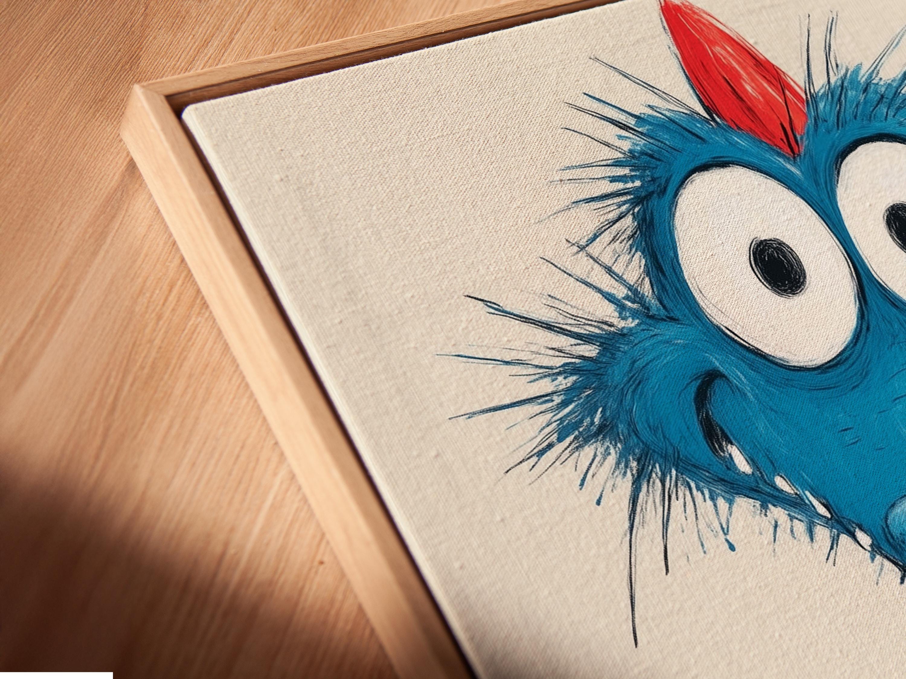Room mockup showing a framed cartoon blue dragon artwork