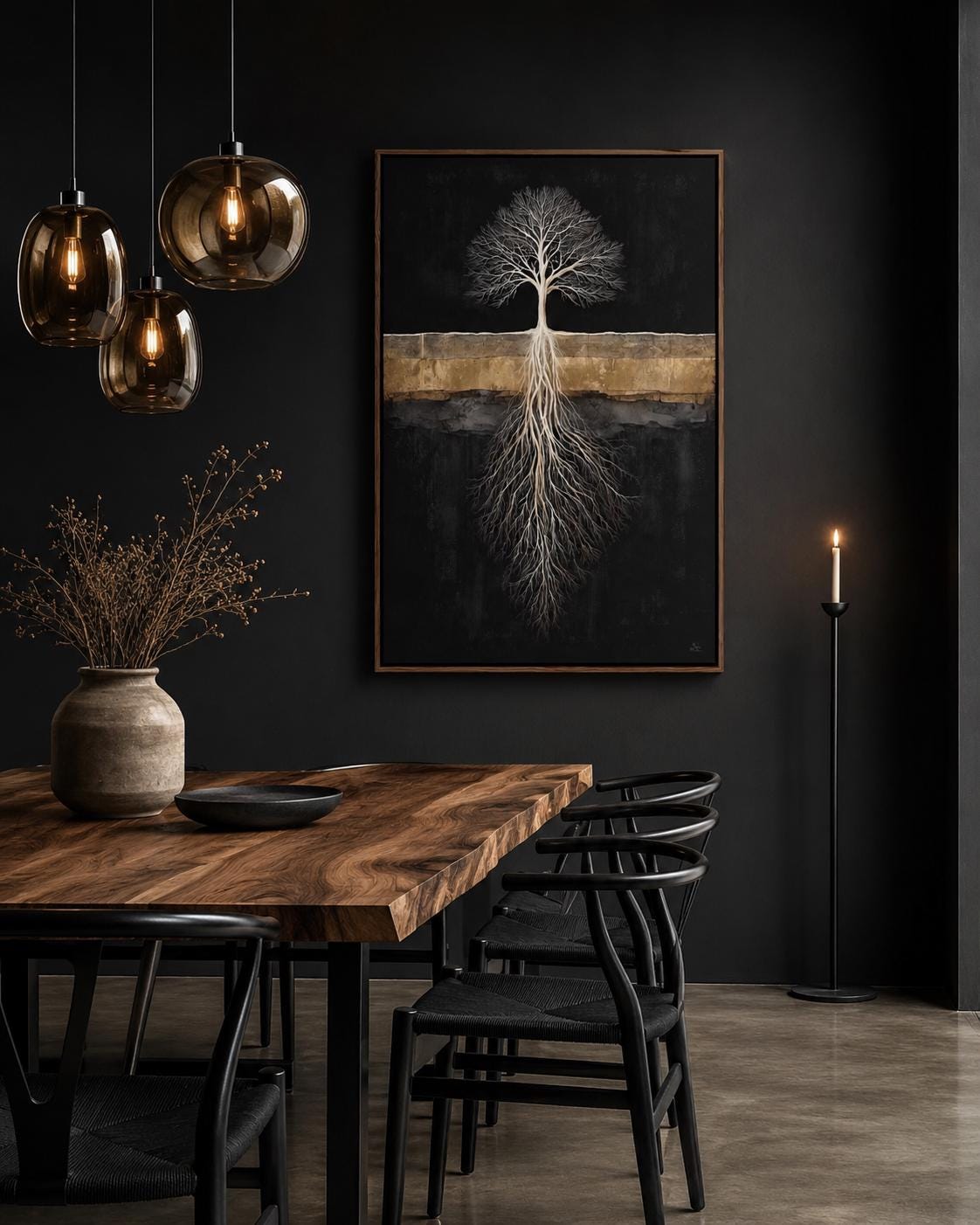 Room mockup with a person reading and a dark tree roots artwork above a bed