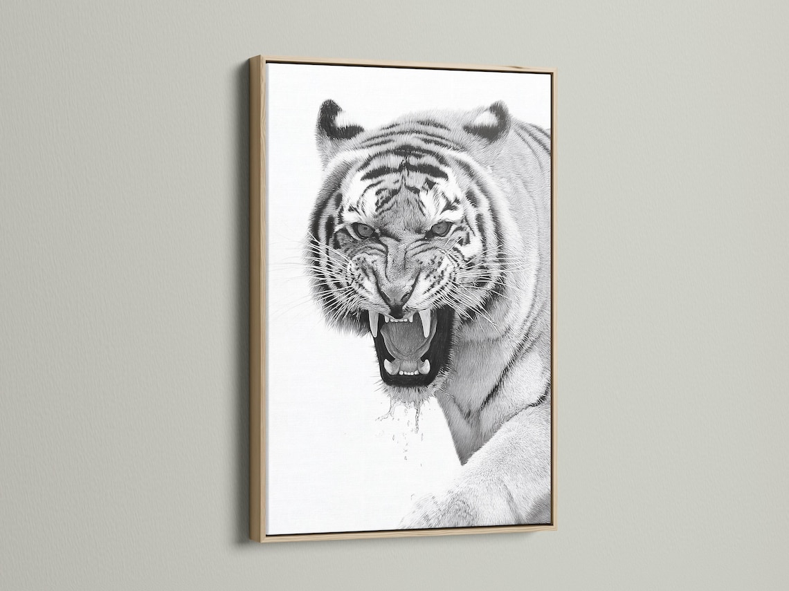 Framed monochrome tiger portrait mockup on a light background with additional display props
