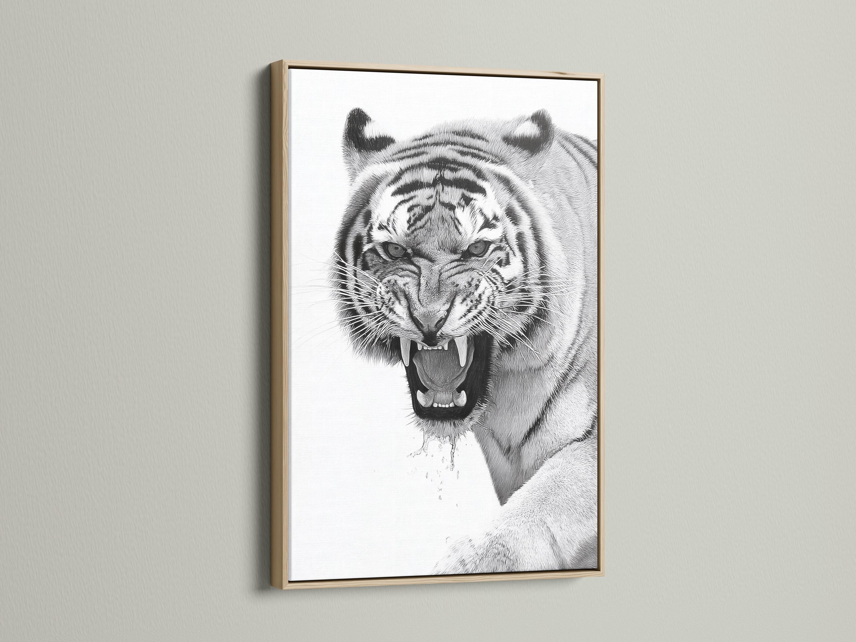 Framed monochrome tiger portrait mockup on a light background with additional display props